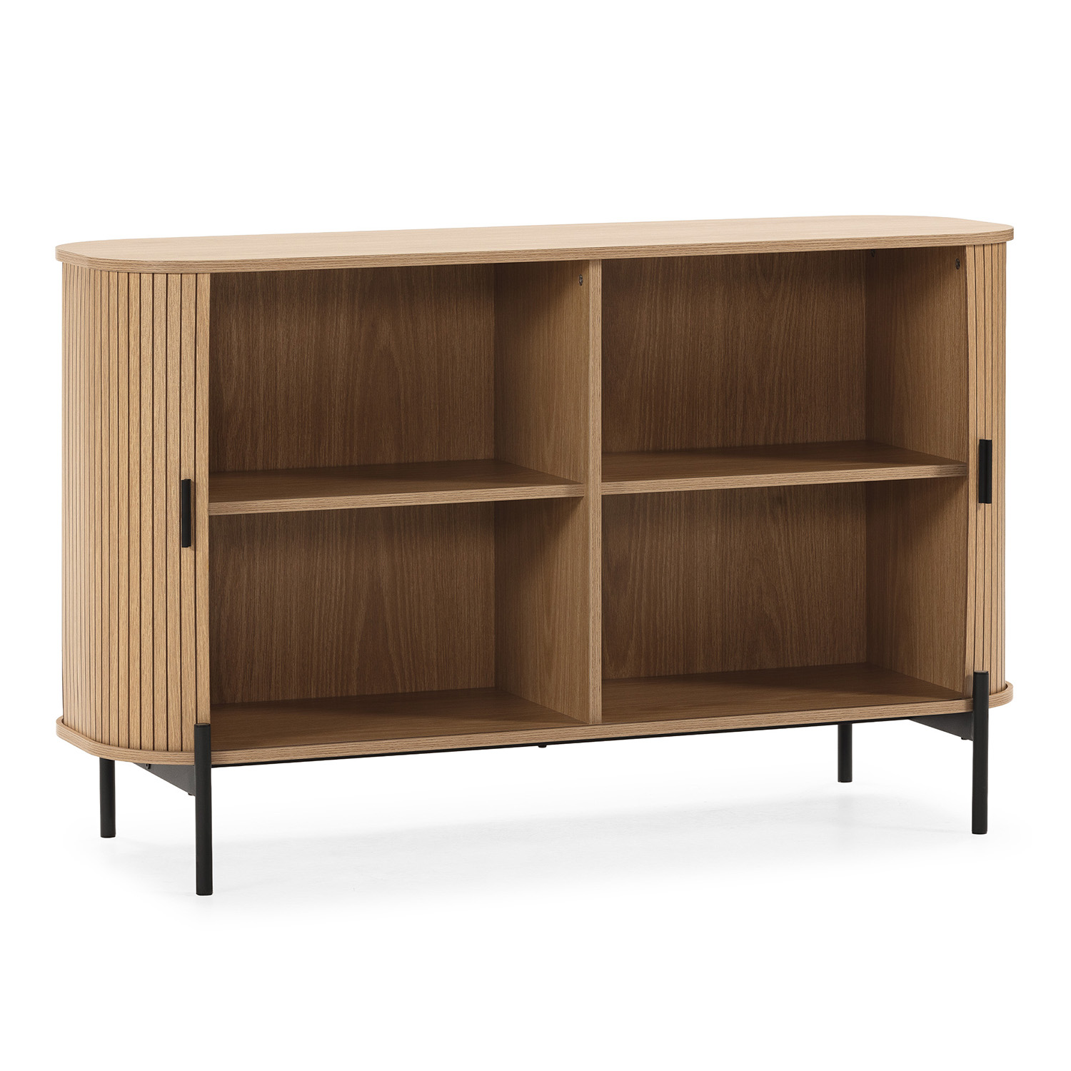 Un mueble de madera con cuatro estantes abiertos y patas negras.