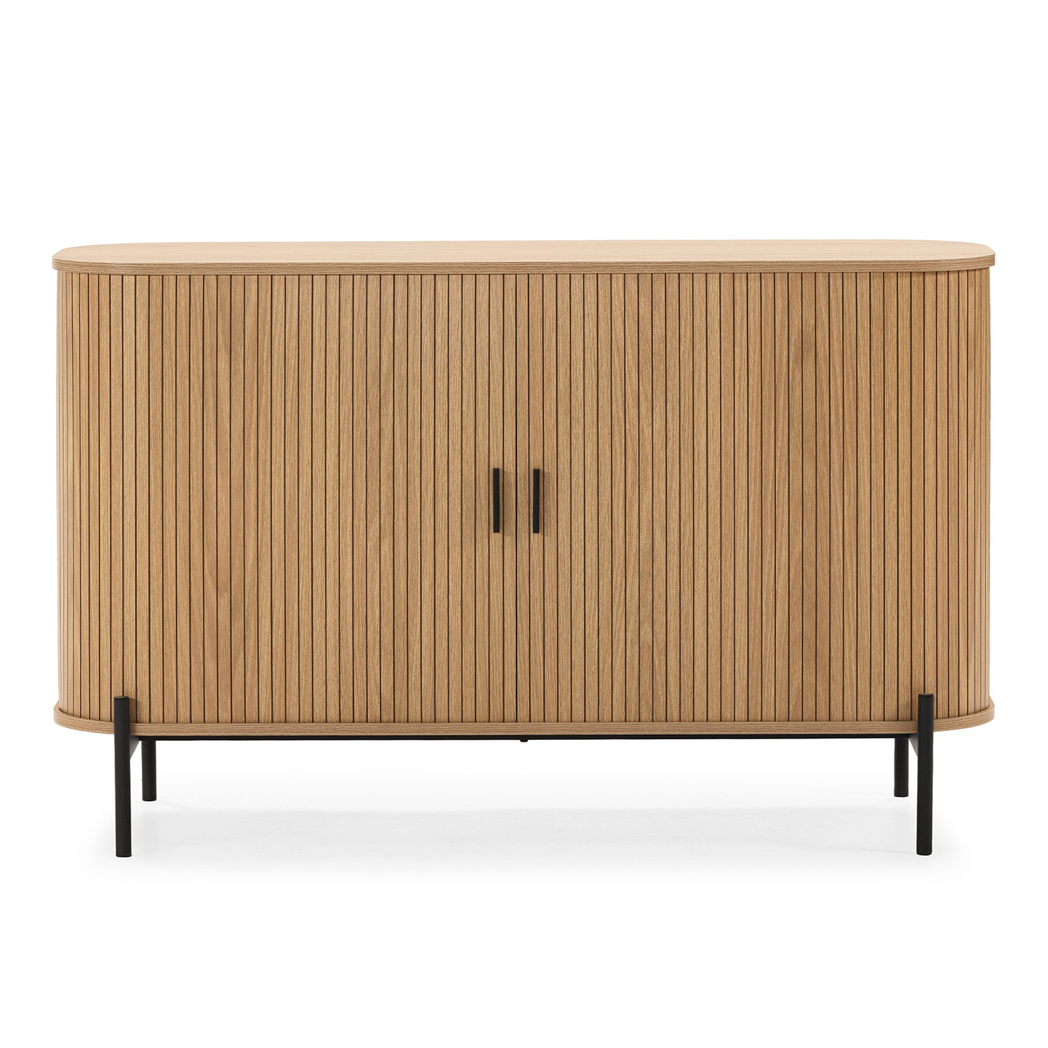 Un elegante mueble de madera con puertas acanaladas y patas negras.