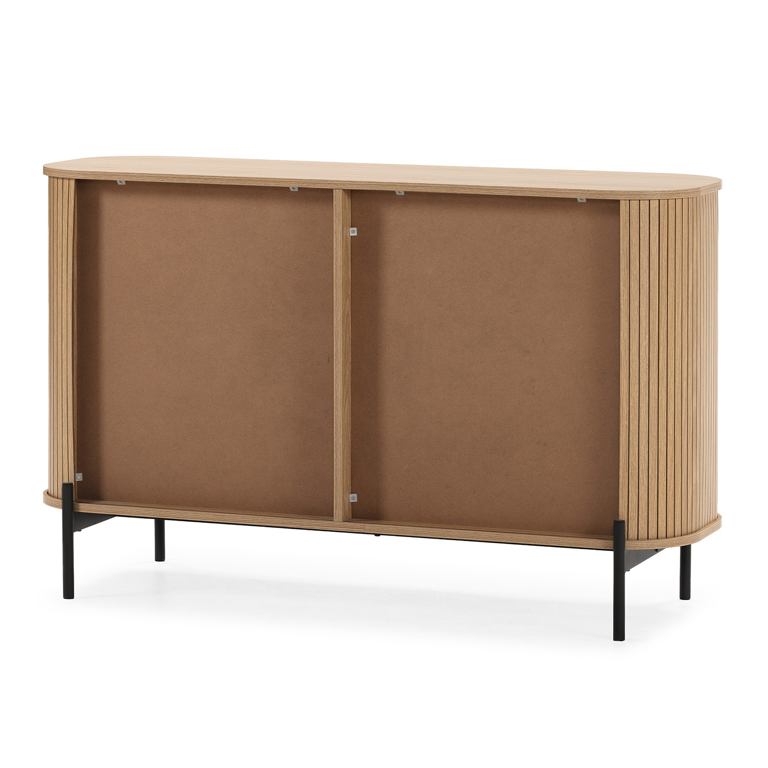 Un mueble de madera clara con laterales acanalados y patas negras.