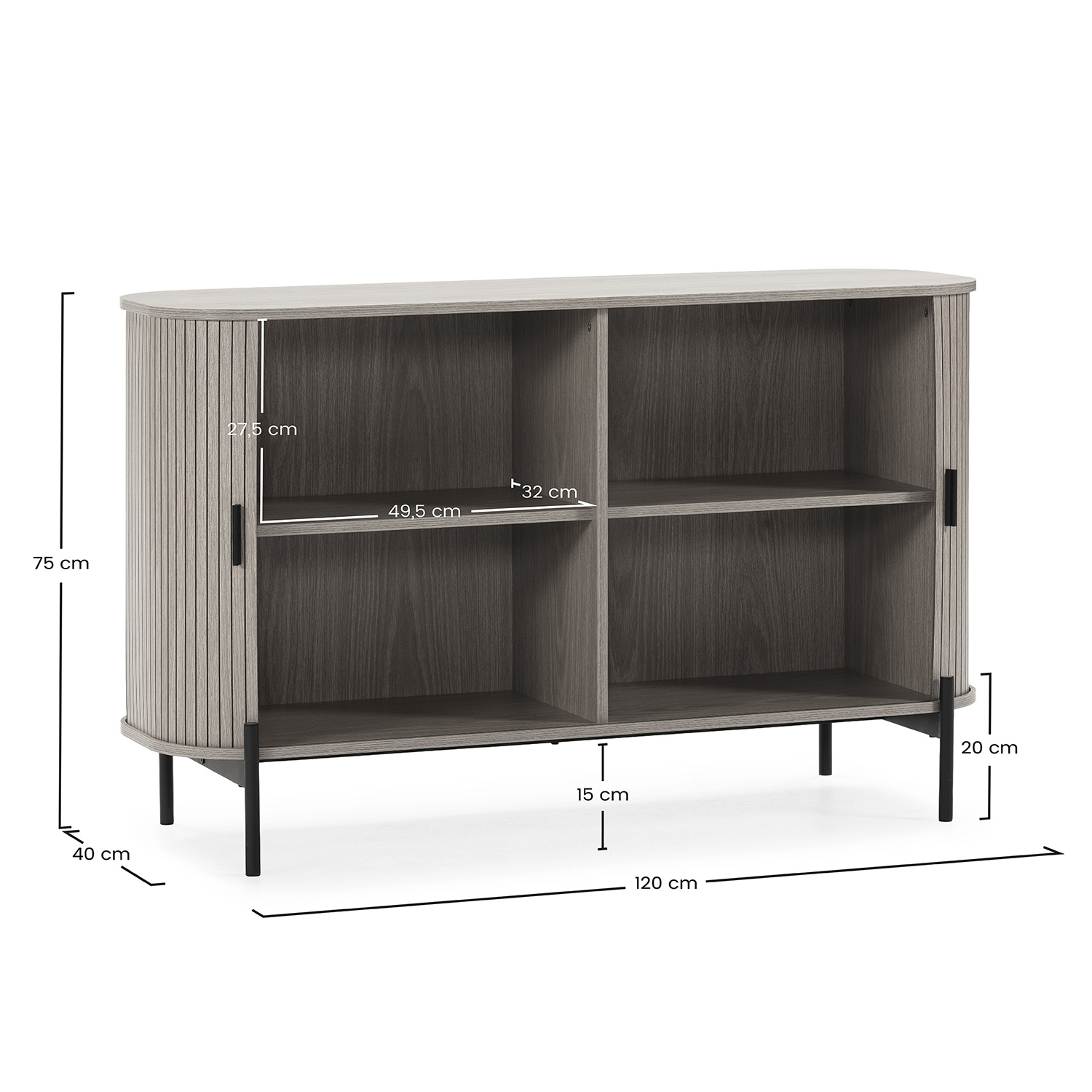 Gabinete gris con cuatro estantes y patas negras. Se indican las dimensiones.