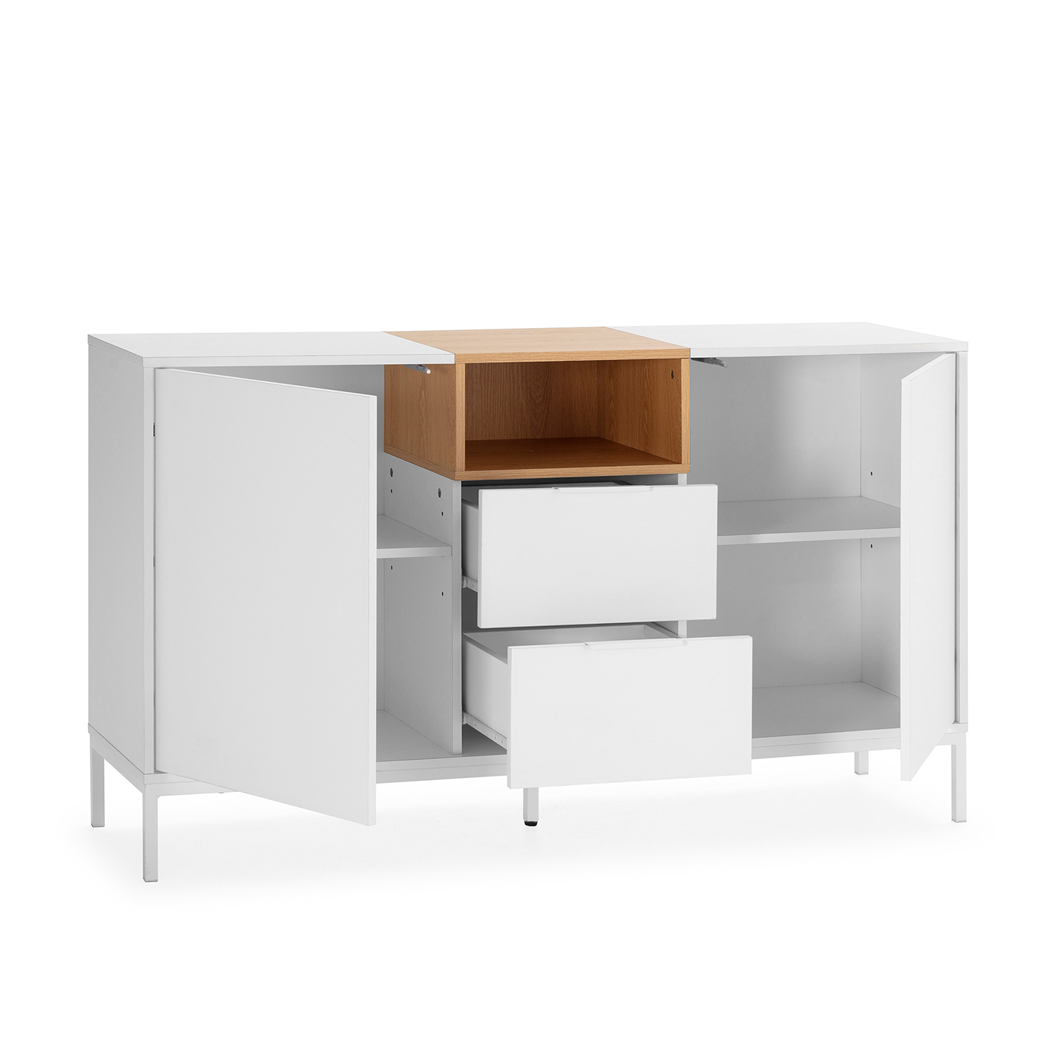 Un aparador blanco con puertas abiertas, cajones y un compartimento de madera.