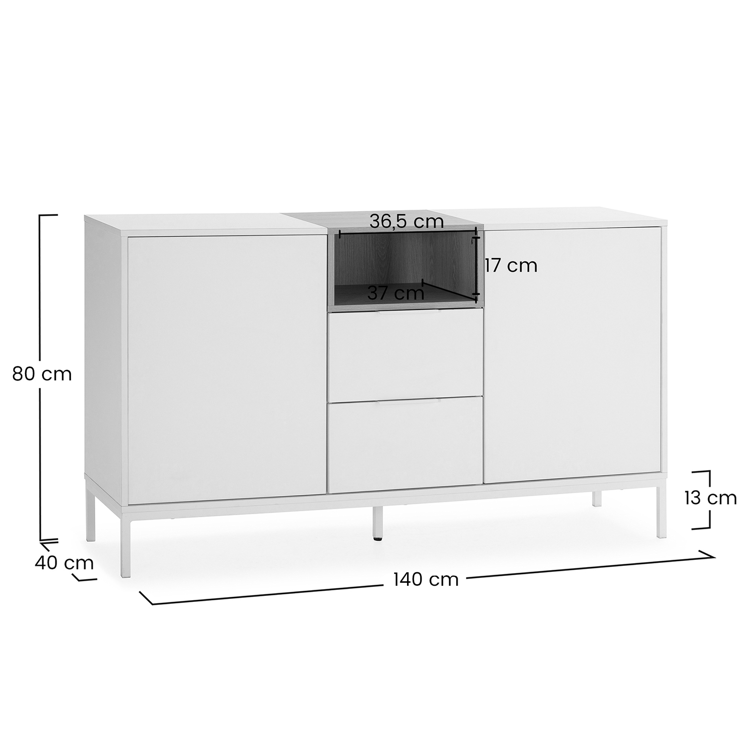 Aparador blanco con dimensiones: 80cm Al, 140cm An, 40cm Pr. Con dos puertas y dos cajones.