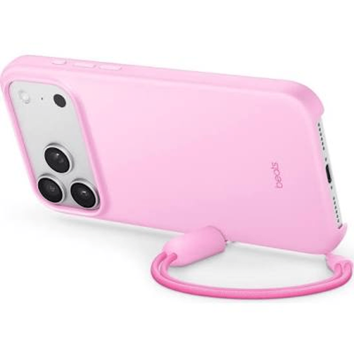 Różowe etui na iPhone z trzema aparatami i smyczą.