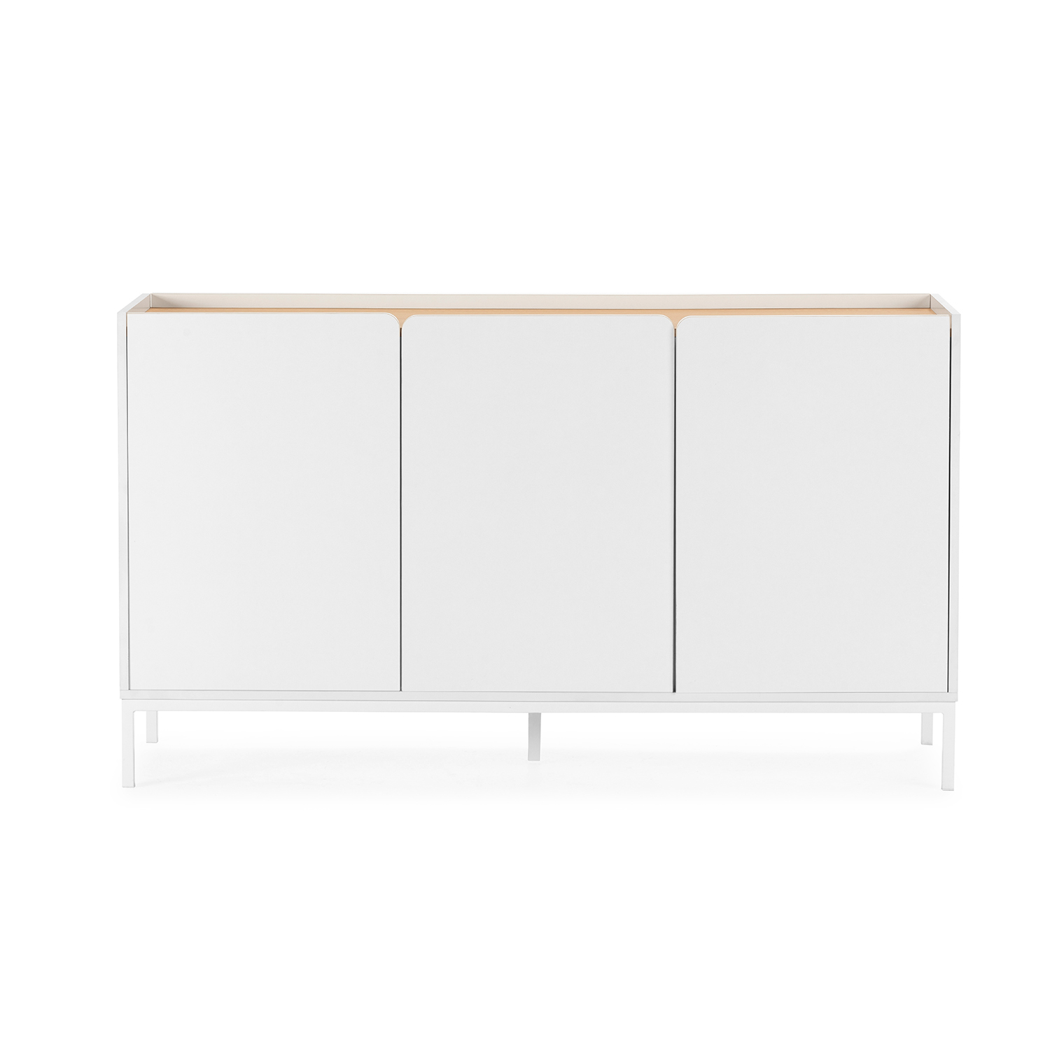 Un armario blanco de tres puertas con tapa de madera y patas delgadas.