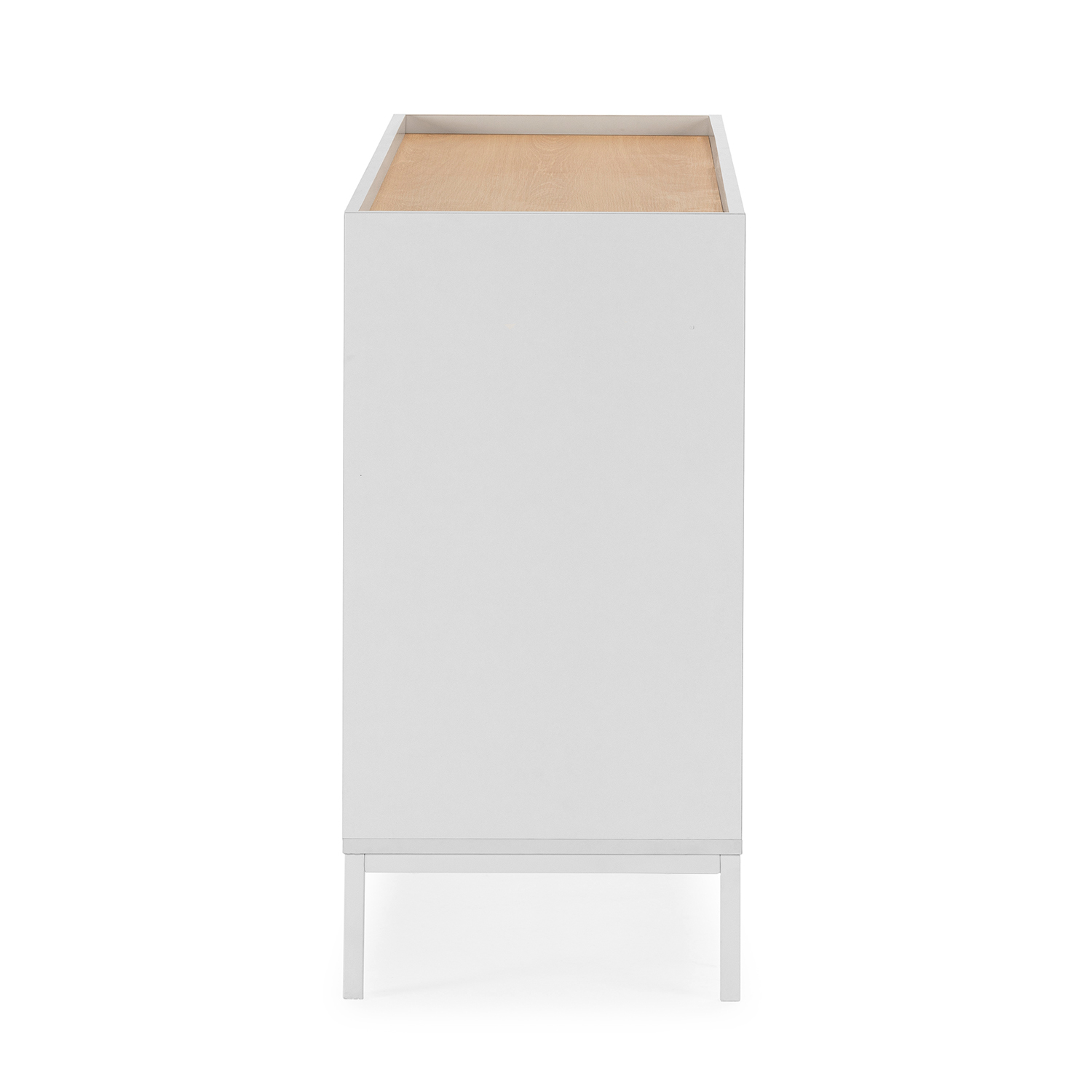 Cómoda blanca con tapa de madera sobre patas delgadas, vista lateral.