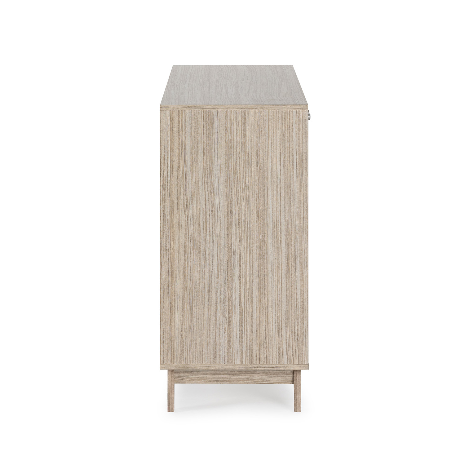 Un mueble marrón claro con veta de madera sobre cuatro patas.
