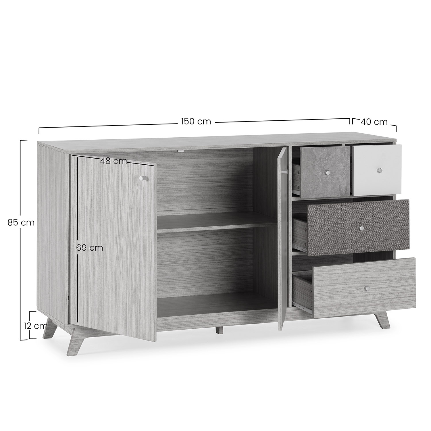 Un gabinete de madera gris claro con dos puertas y tres cajones. Dimensiones mostradas.