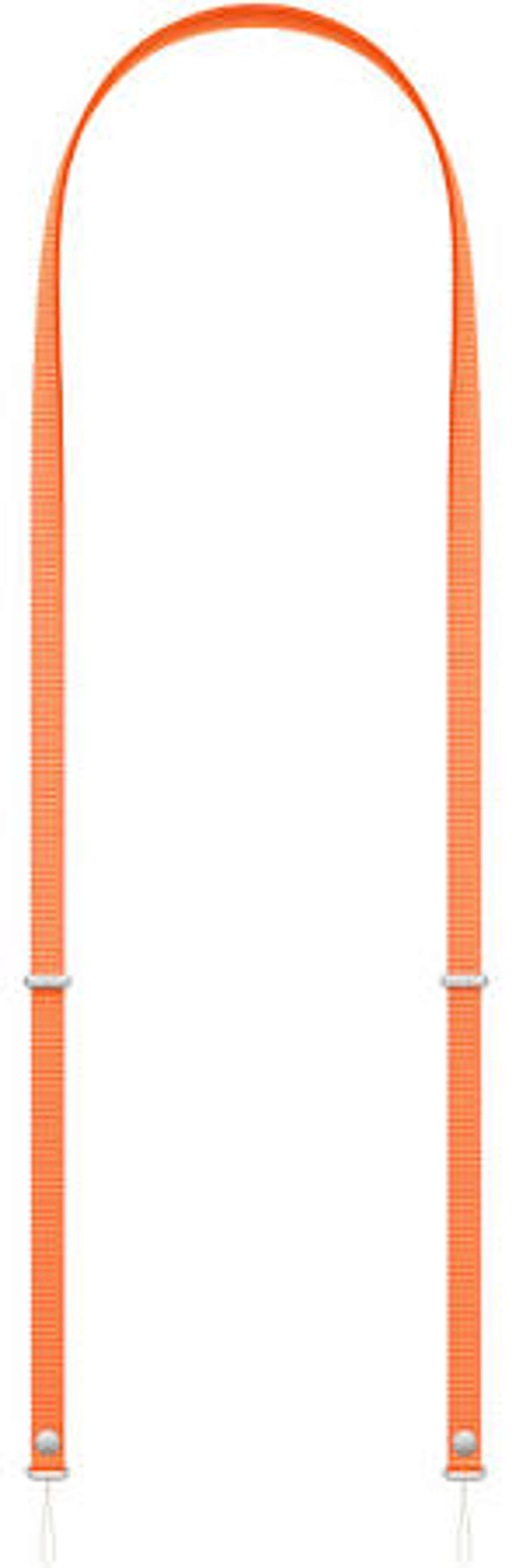 Un cordón naranja con clips plateados y un lazo.