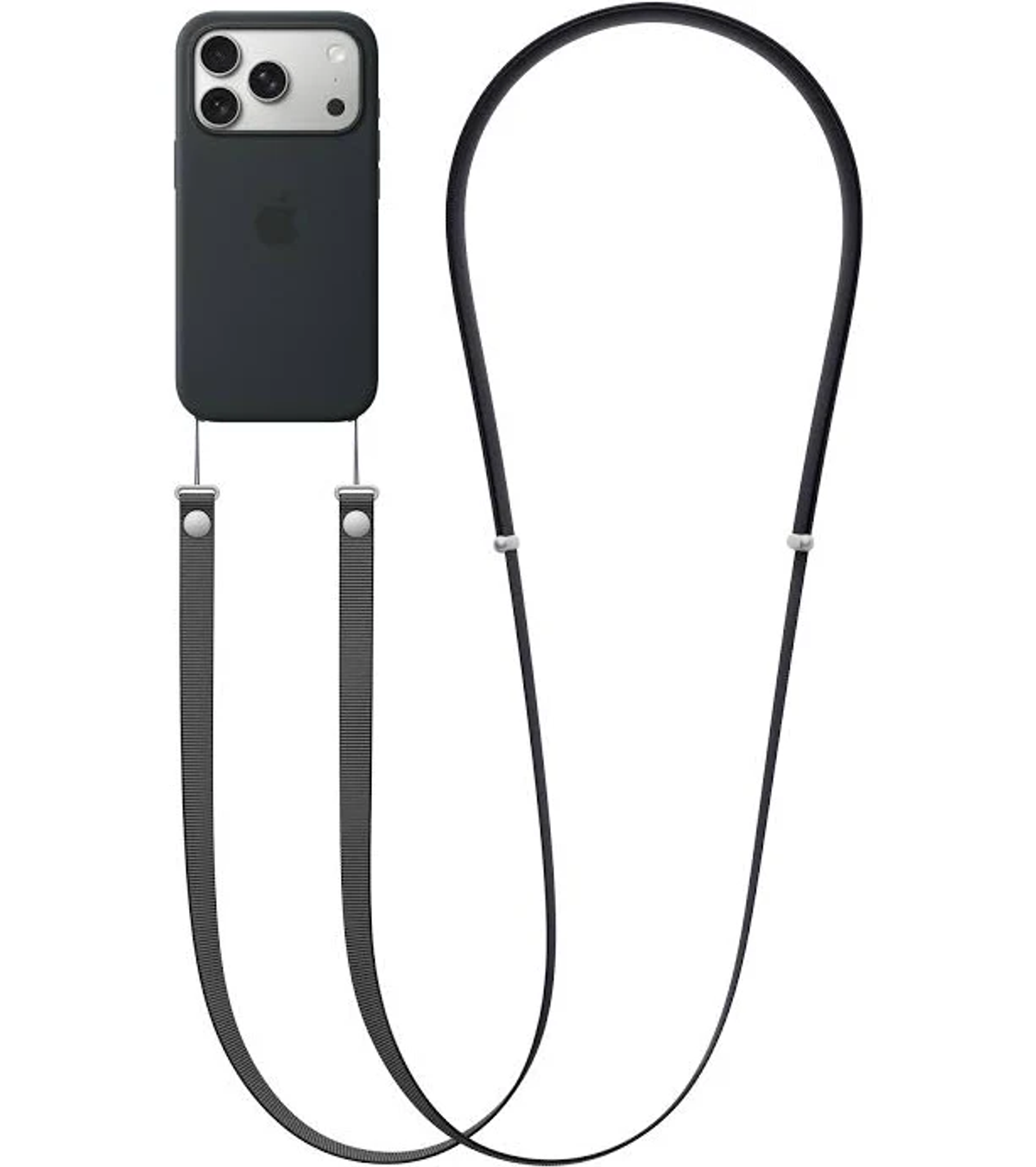 Dunkelgraues iPhone-Etui mit Apple-Logo und Trageband.