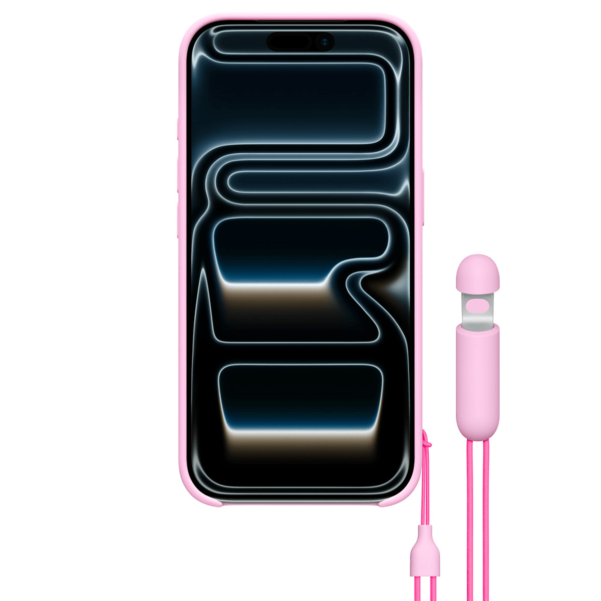 Un iPhone rosa con un accesorio de amuleto cerca.