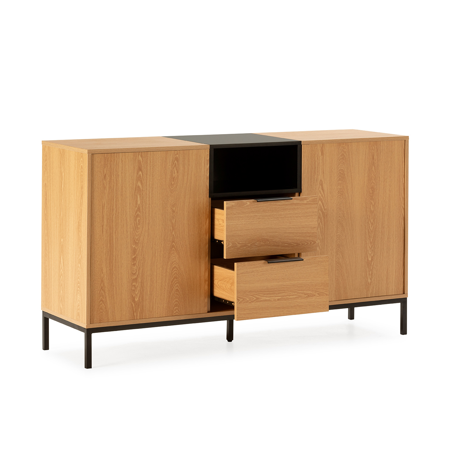 Un mueble de madera con patas negras y dos cajones abiertos.