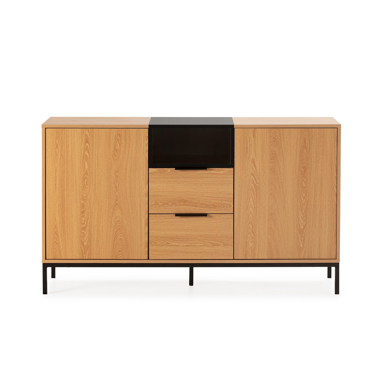 Un mueble de madera con patas negras y cajones.