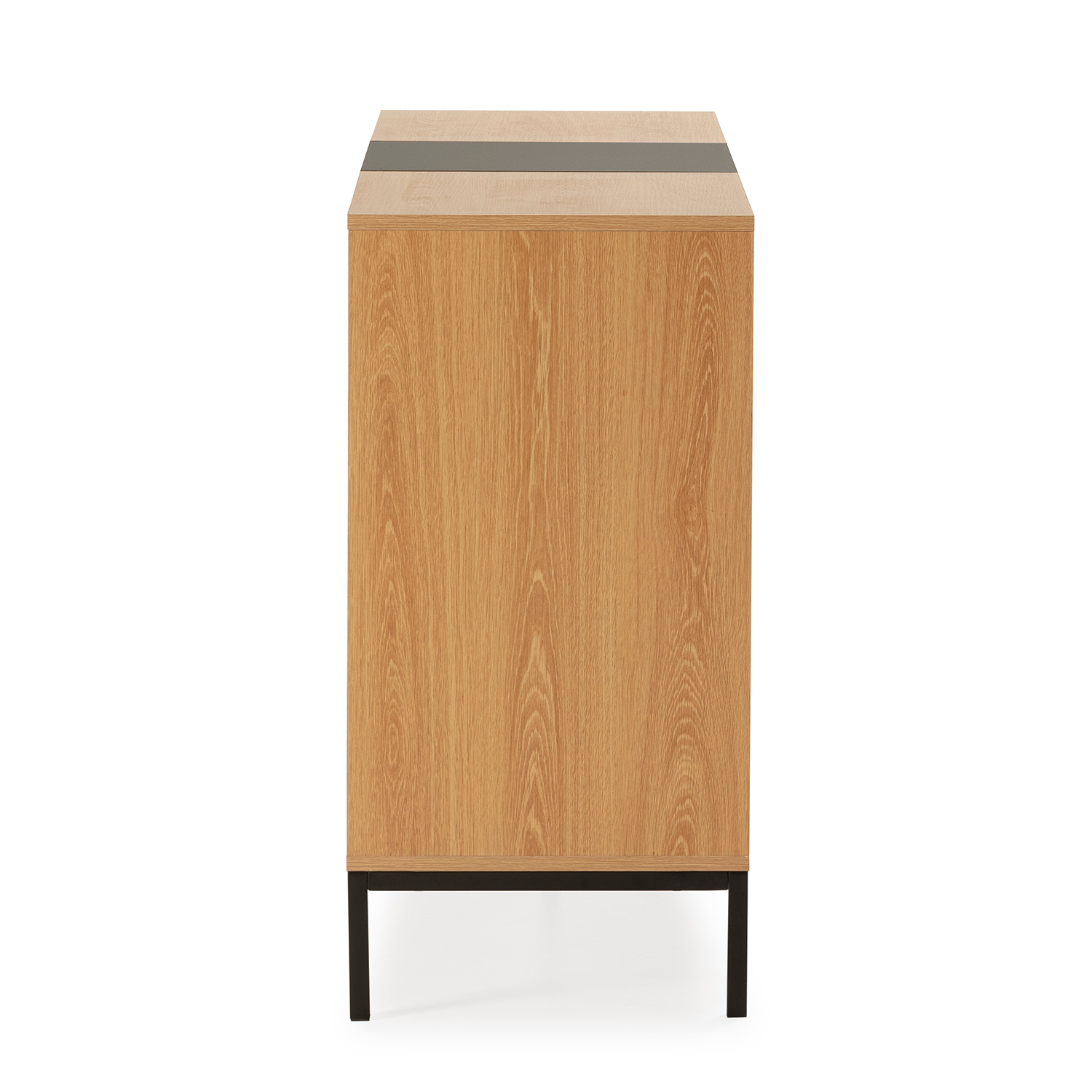 Un mueble de madera con base de metal negro y una franja gris arriba.