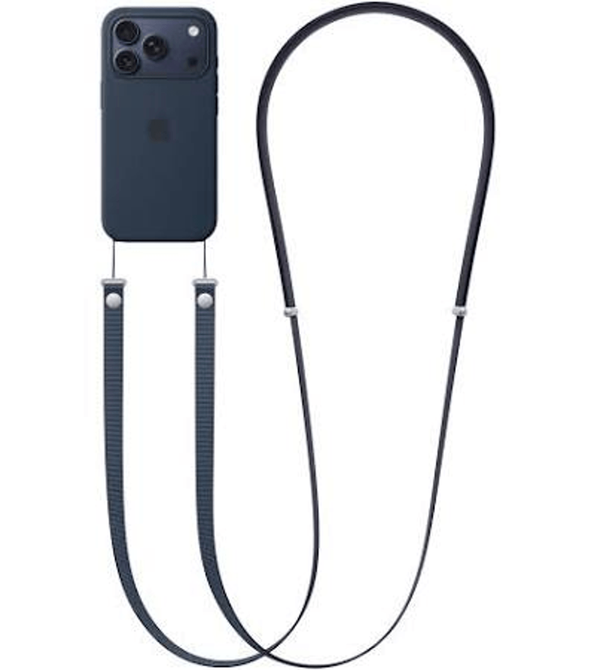 Un iPhone azul oscuro con cordón a juego se muestra sobre fondo blanco.