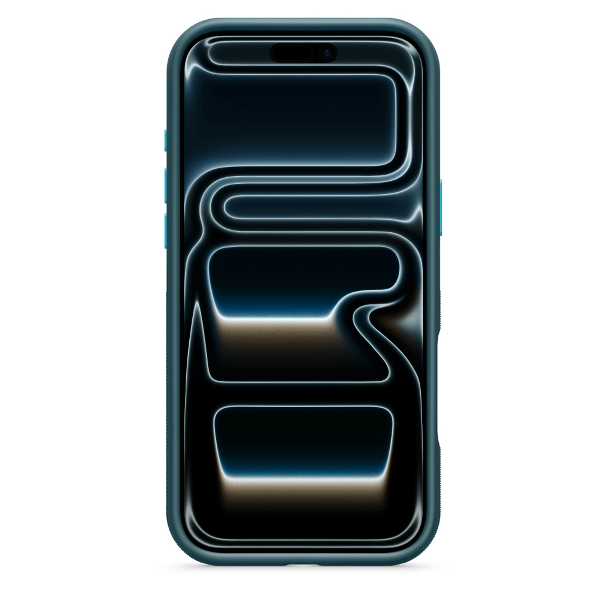 Ein dunkles Smartphone mit einem blauen Gehäuse und einem abstrakten Hintergrund.