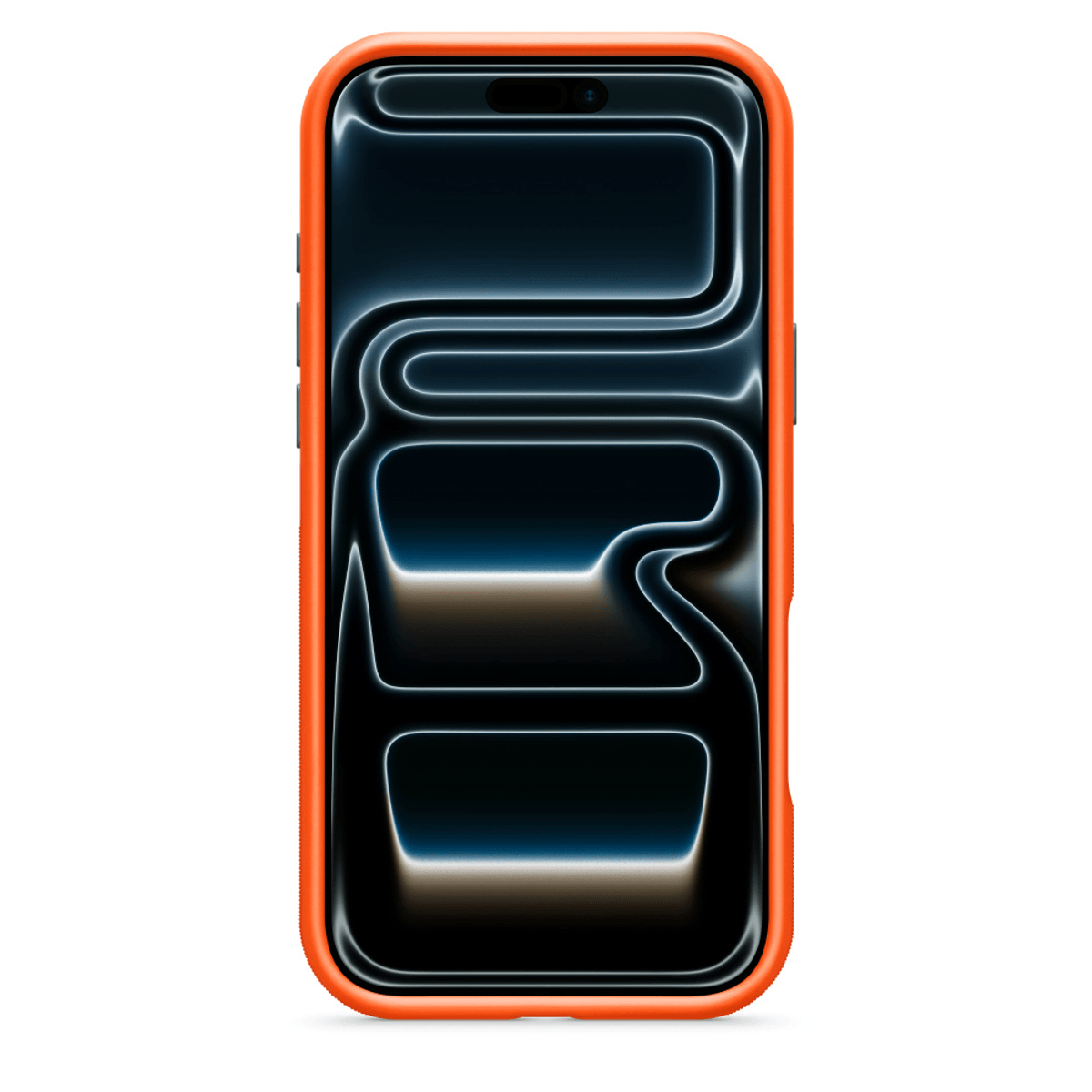 Pomarańczowy iPhone z ciemną, abstrakcyjną tapetą na ekranie.