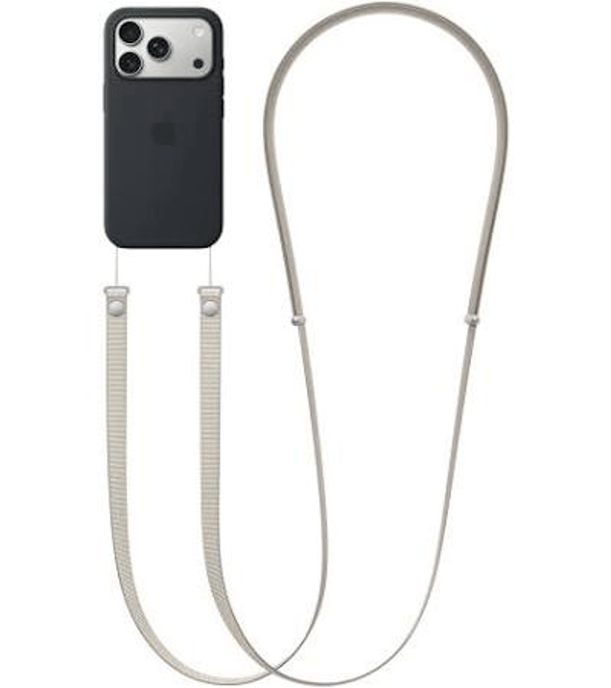 Funda negra para iPhone con bulto de cámara y correa beige.