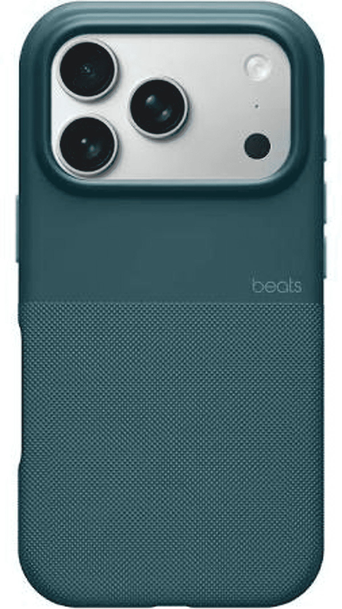 Niebiesko-zielone etui na iPhone z trzema aparatami i logo 'beats'.