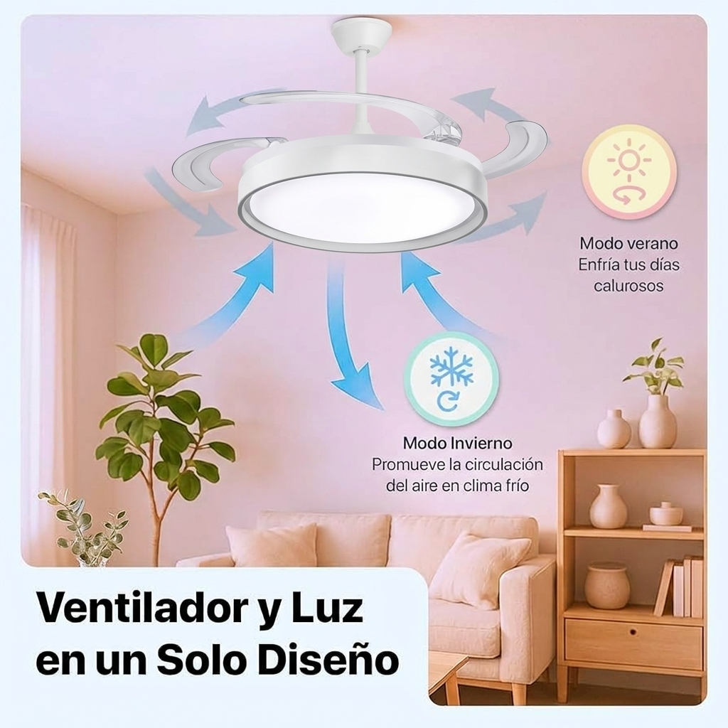 Un ventilador de techo blanco con luz LED sobre un sofá, mostrando flechas de circulación de aire.