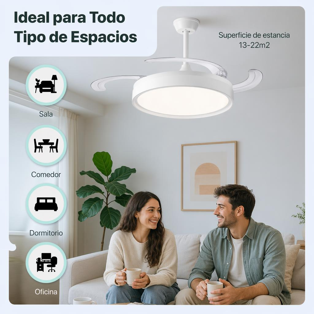Un ventilador de techo blanco con luz sobre una pareja sentada en un sofá.