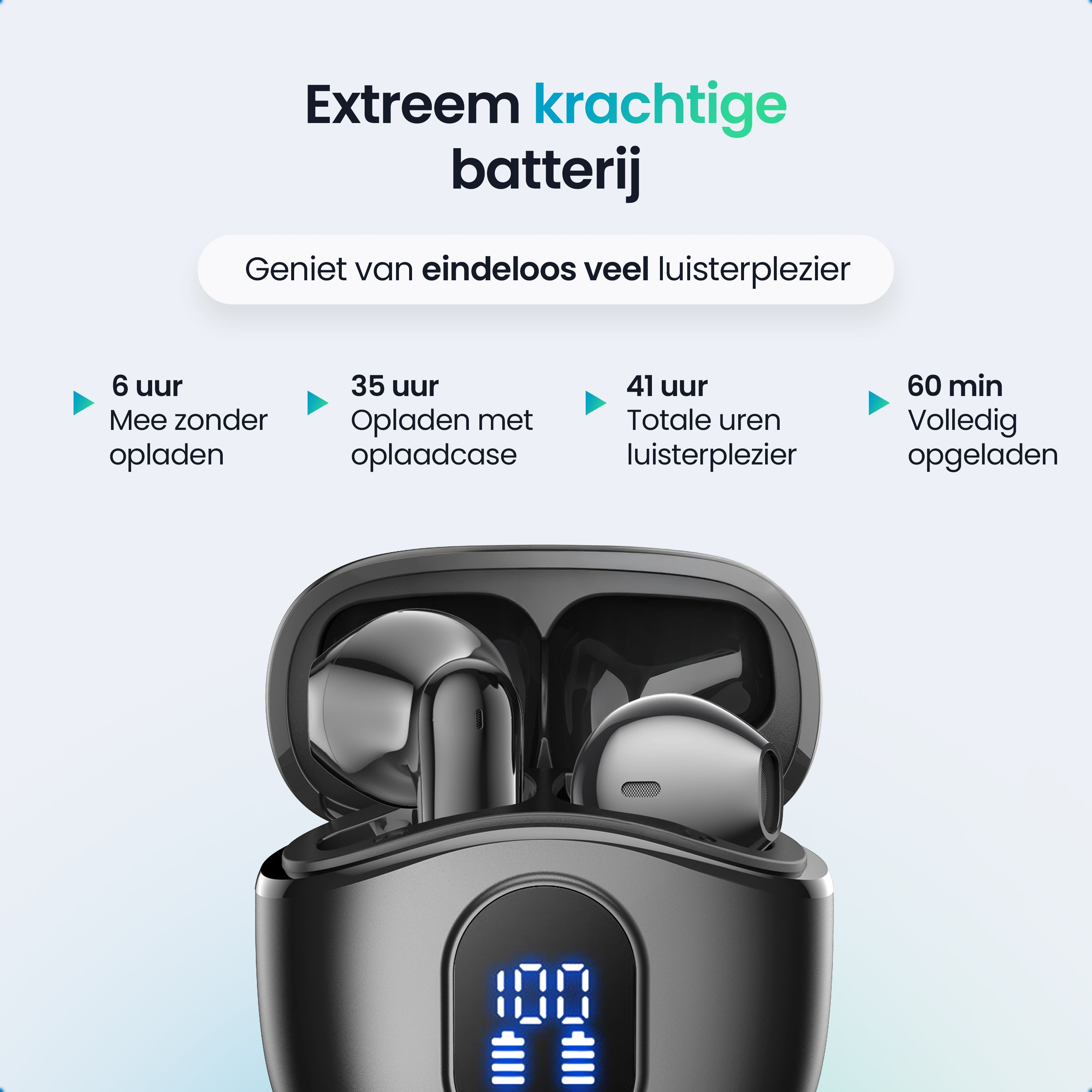 Black wireless earbuds in a charging case with a digital display.