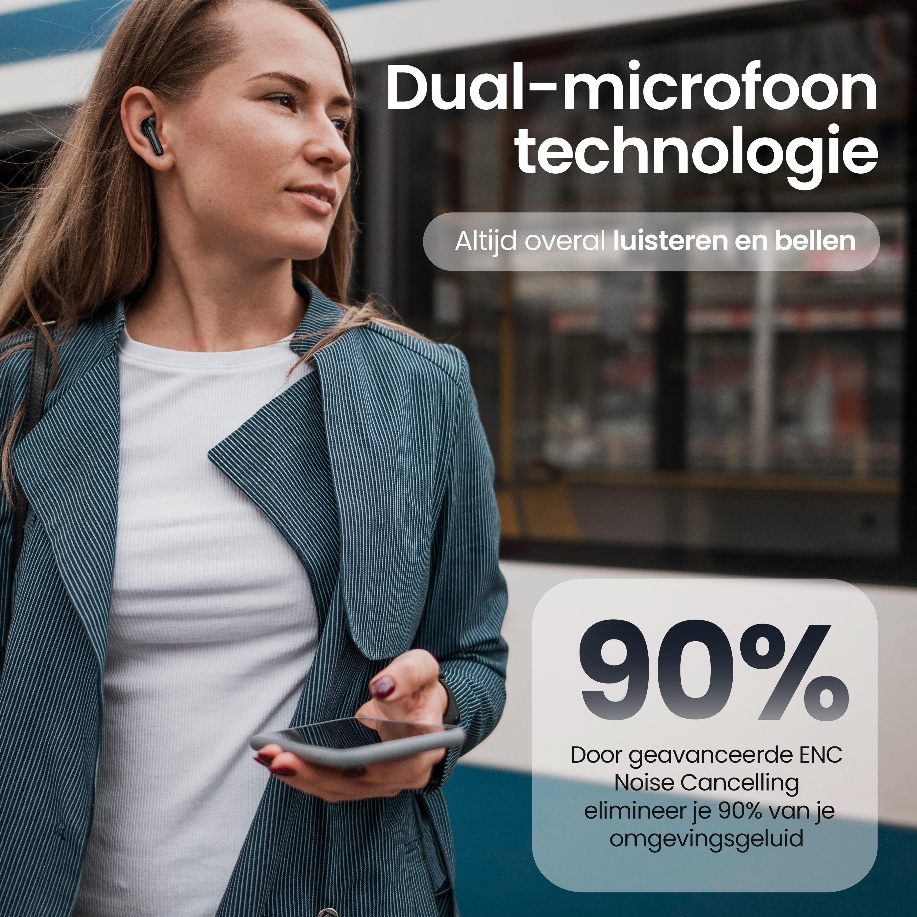 Woman with earbuds and smartphone, 90% noise reduction.