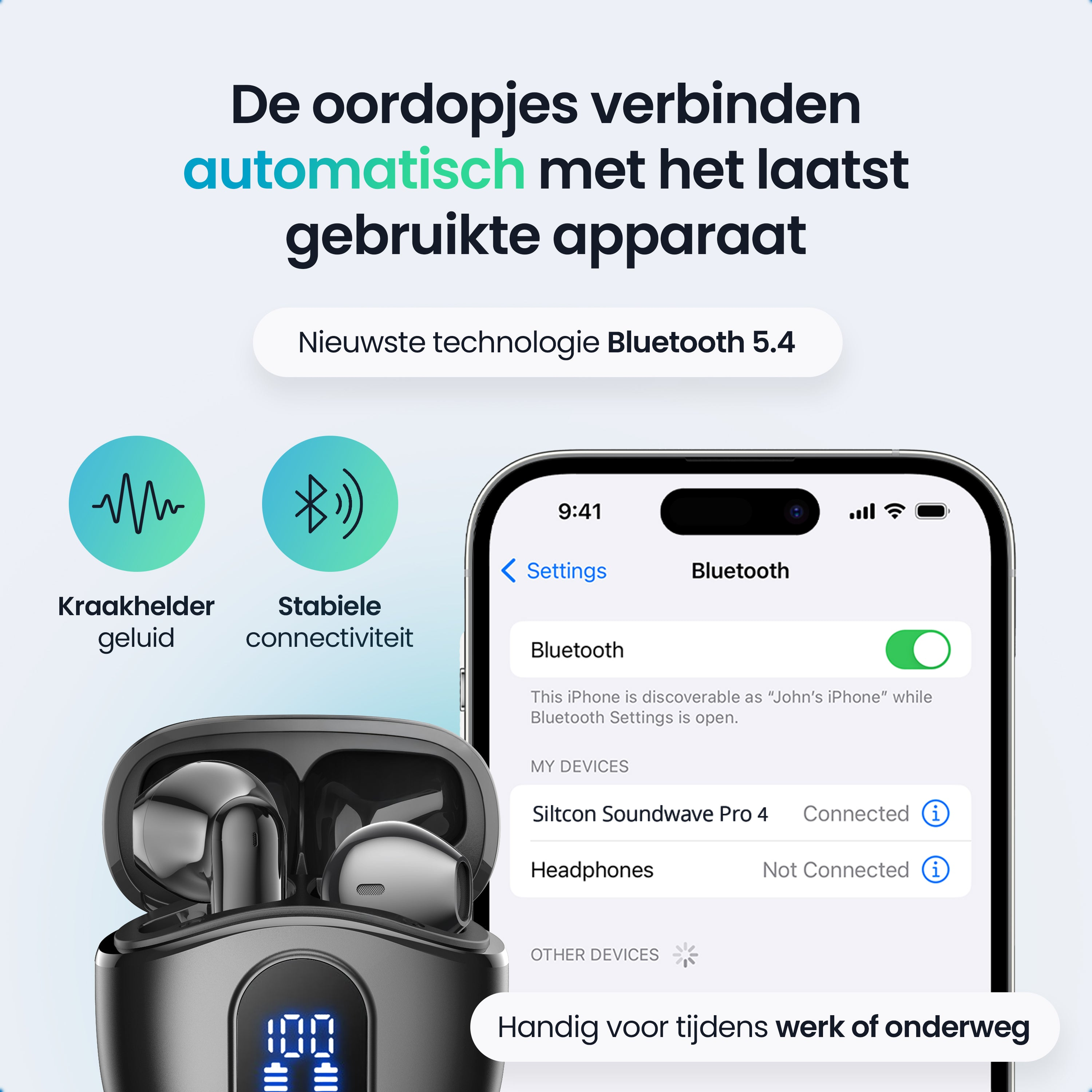 Earbuds auto-connect. Clear sound, stable connectivity. Bluetooth 5.4 tech. Handy for work/travel.