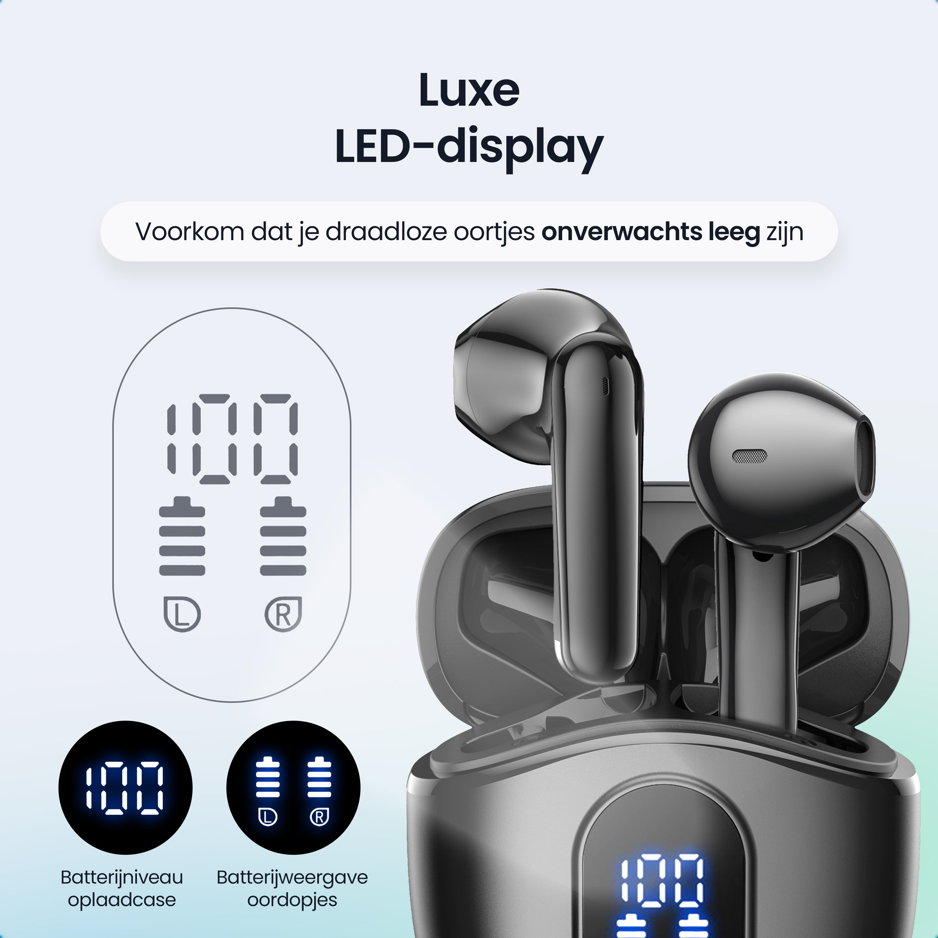 Black wireless earbuds in a charging case with LED battery display.