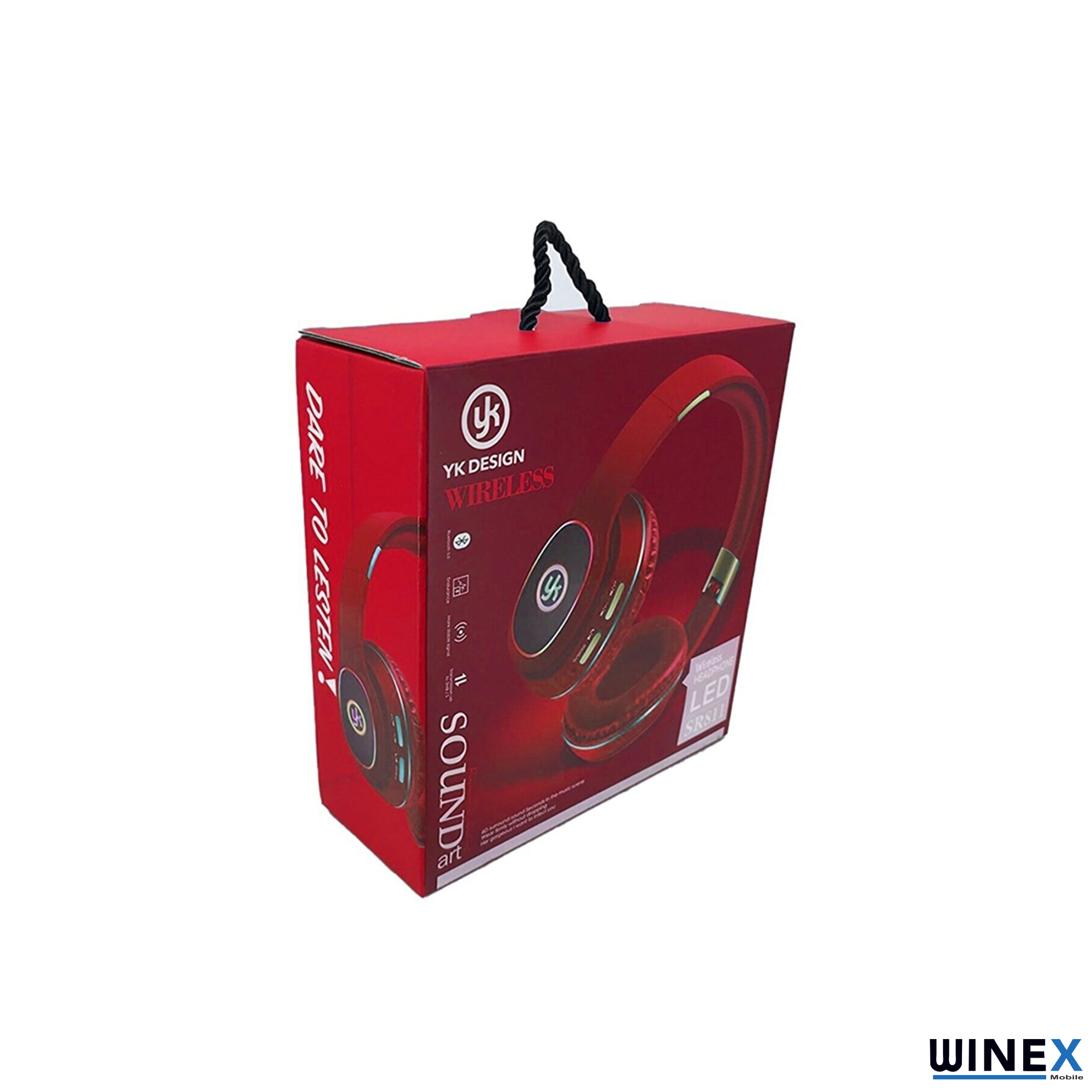 Kırmızı kulaklık kutusu, üzerinde kulaklıklar görünüyor. YK DESIGN WIRELESS.