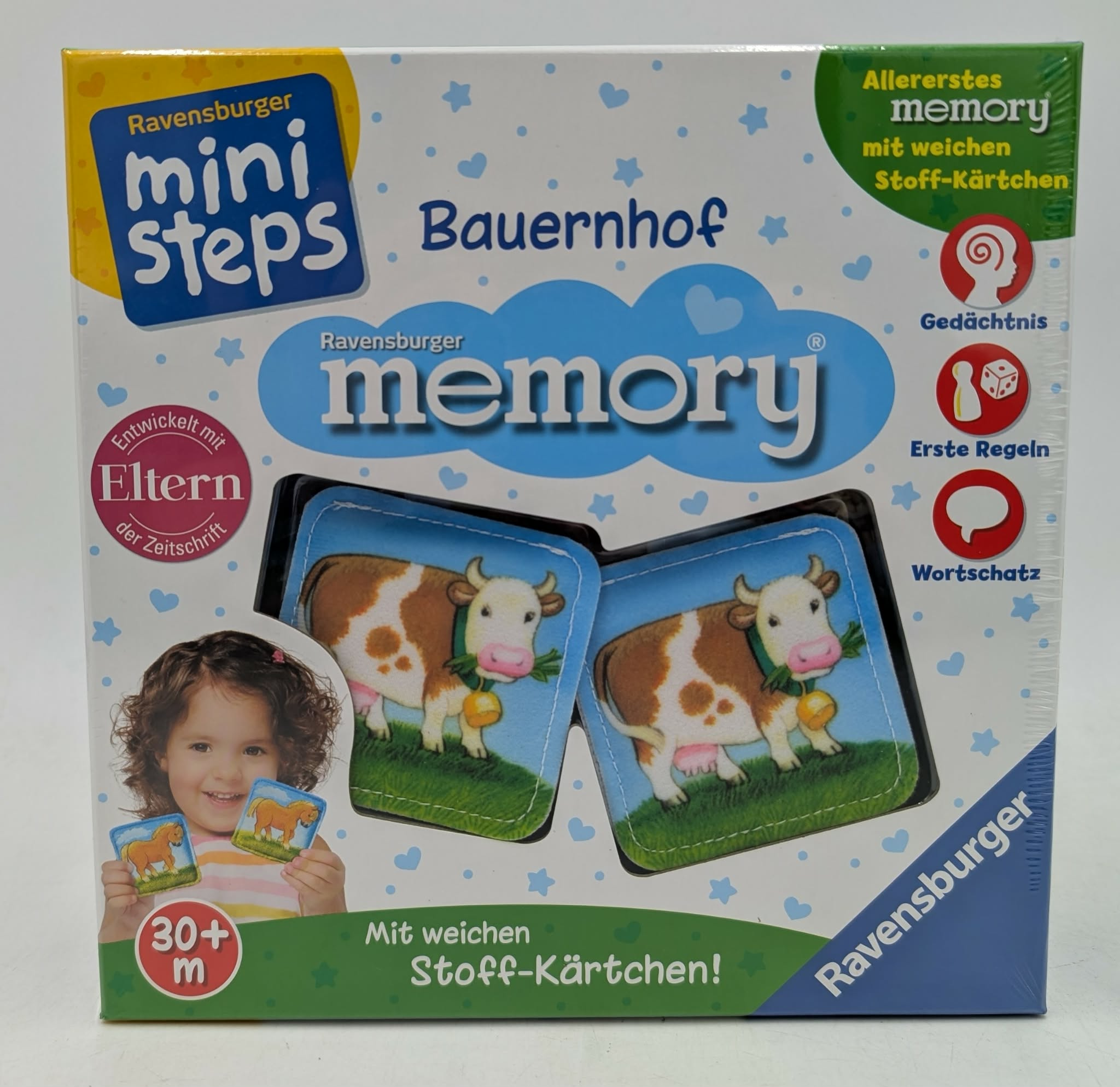 Ravensburger Bauernhof Memory Spiel mit Stoffkarten, Kühen und Pferden.