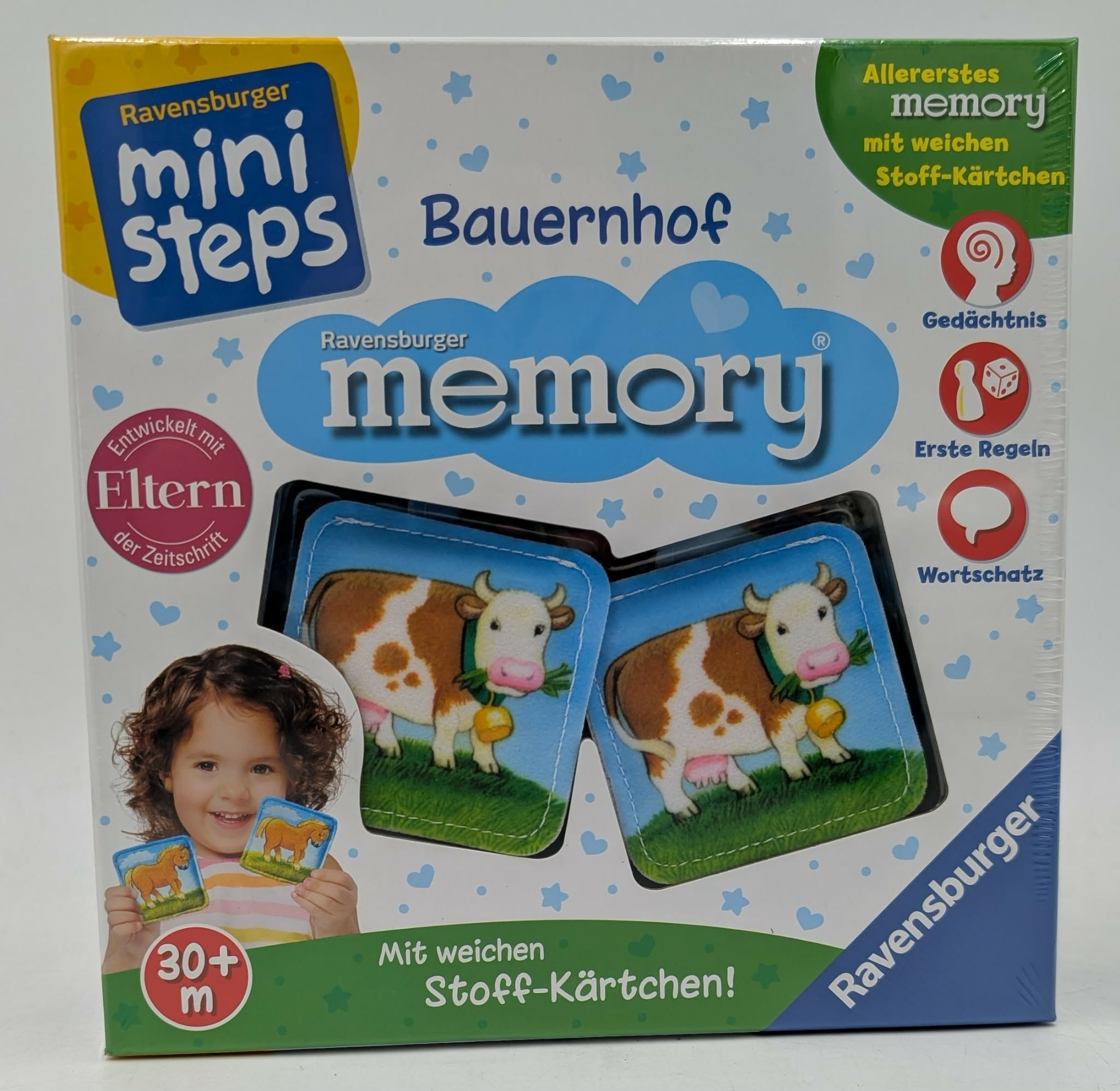 Ravensburger Bauernhof Mini Steps Memory Spiel mit weichen Stoffkärtchen.