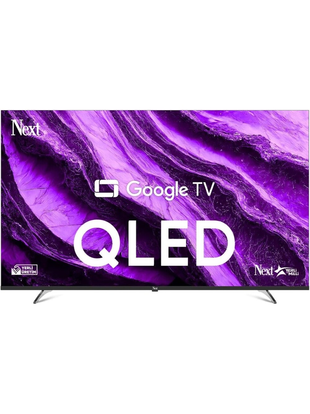 Ekranında mor desen olan, Next marka şık bir QLED Google TV.