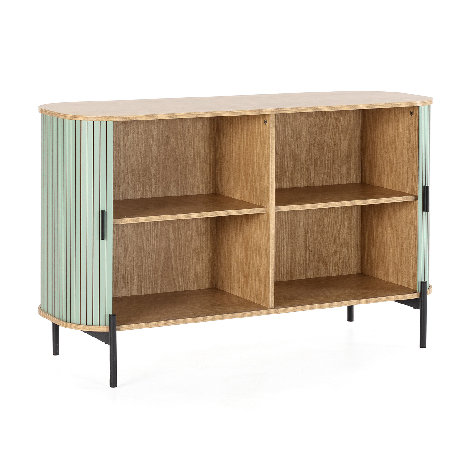 Un mueble de madera clara con dos estantes abiertos y puertas de listones verde menta.