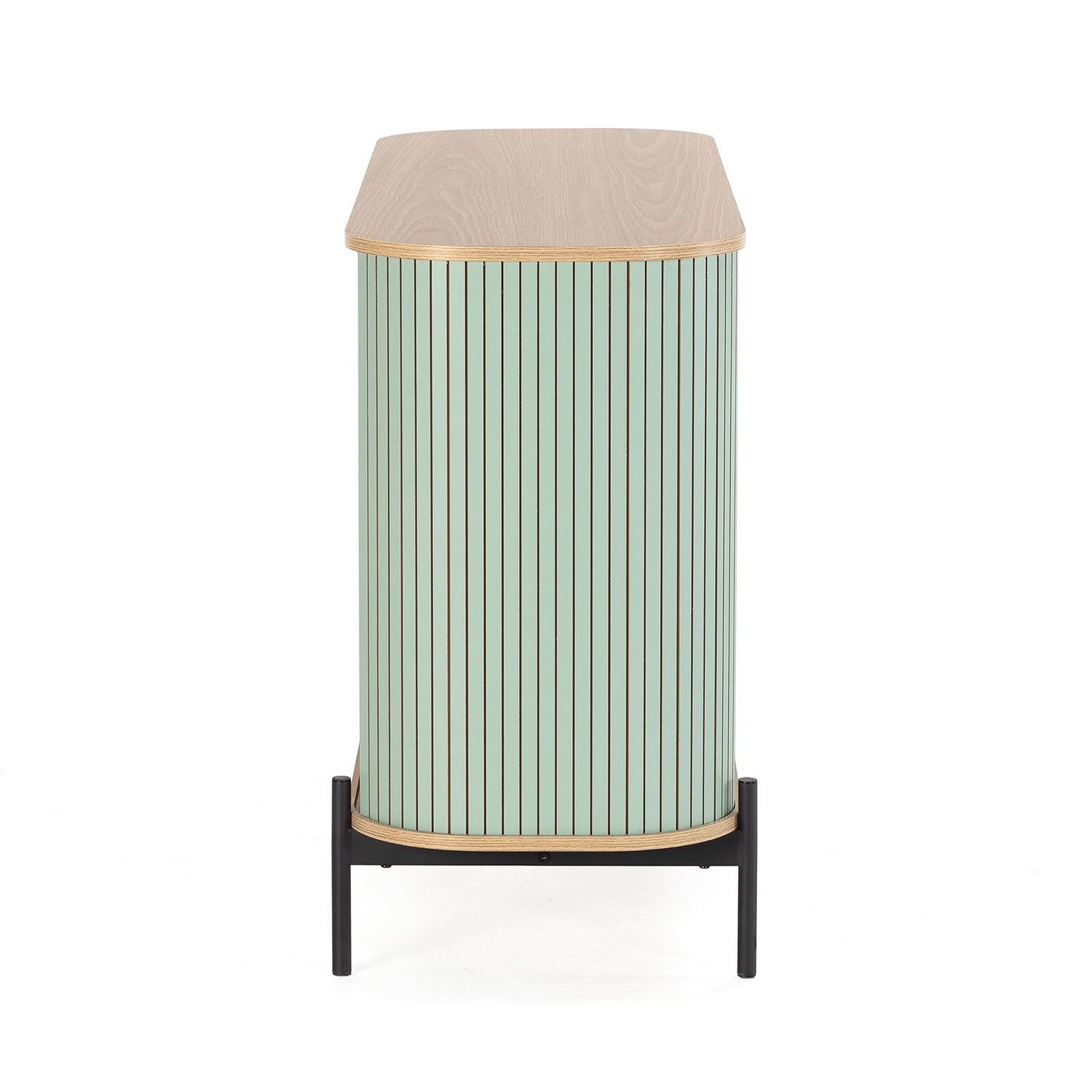 Un mueble redondo verde menta con tapa de madera y patas negras.