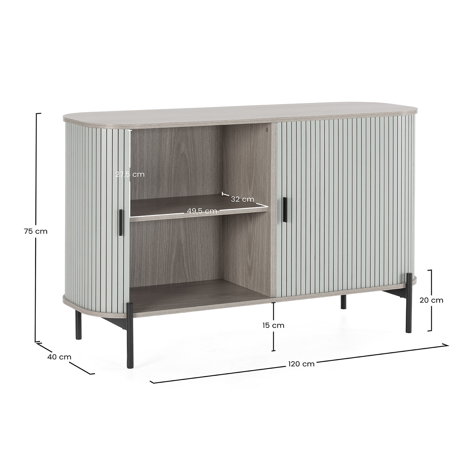 Un mueble gris claro con ranuras verticales y detalles de madera. Se muestran las dimensiones.