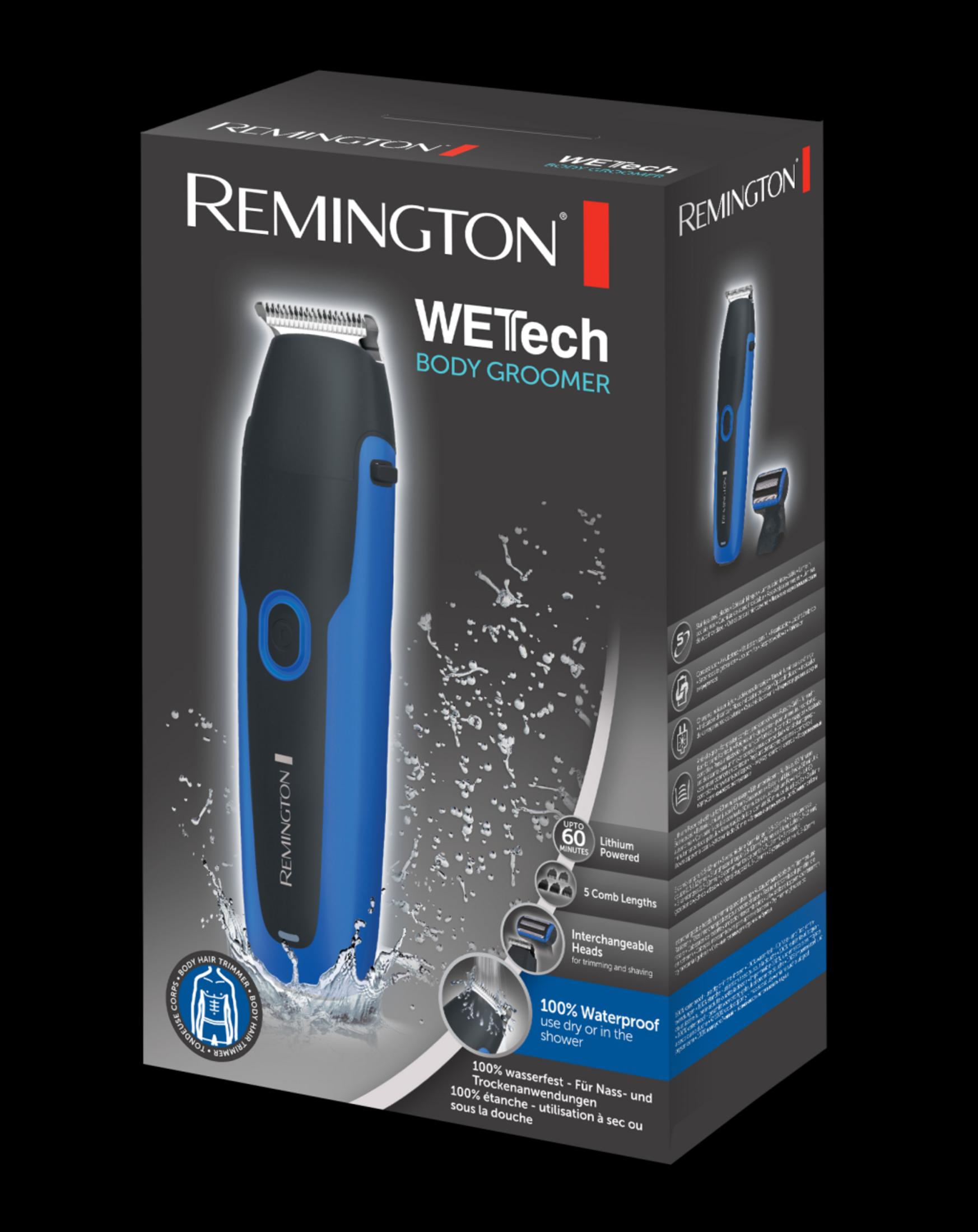 Embalaje de una recortadora corporal Remington azul y negra con salpicaduras de agua.
