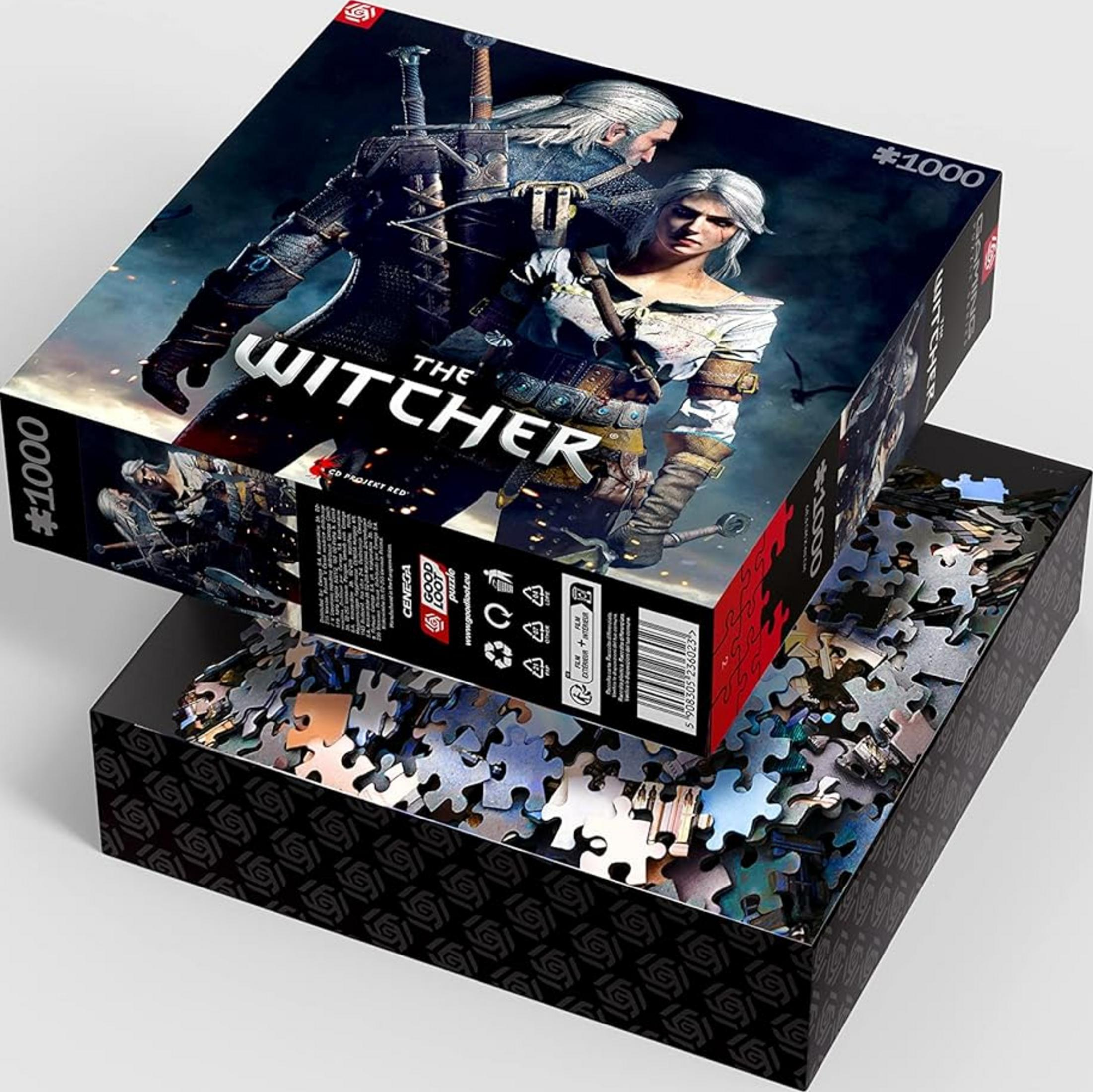 Pudełko z puzzlami The Witcher na 1000 elementów z Geraltem i Ciri. Puzzle w otwartym pudełku.