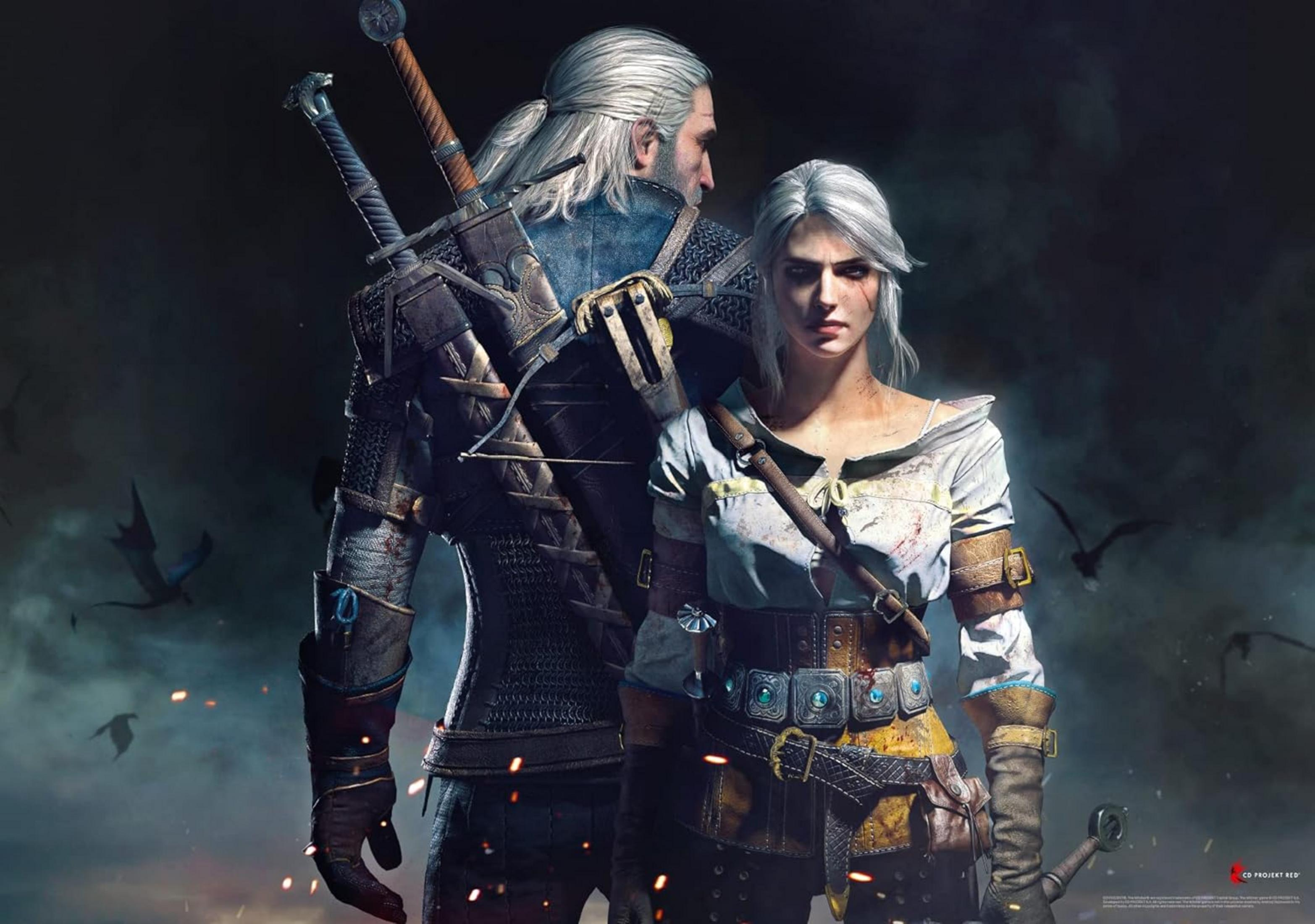 Geralt i Ciri stoją na ciemnym tle z latającymi stworzeniami.