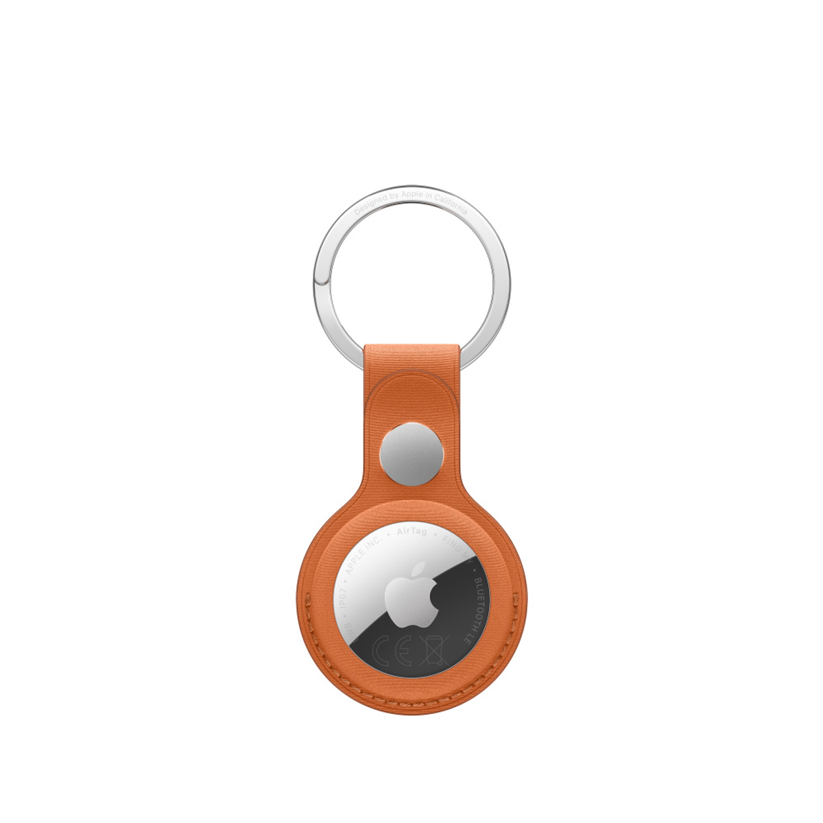 Ein orangefarbener AirTag-Schlüsselanhänger mit silbernem Ring.