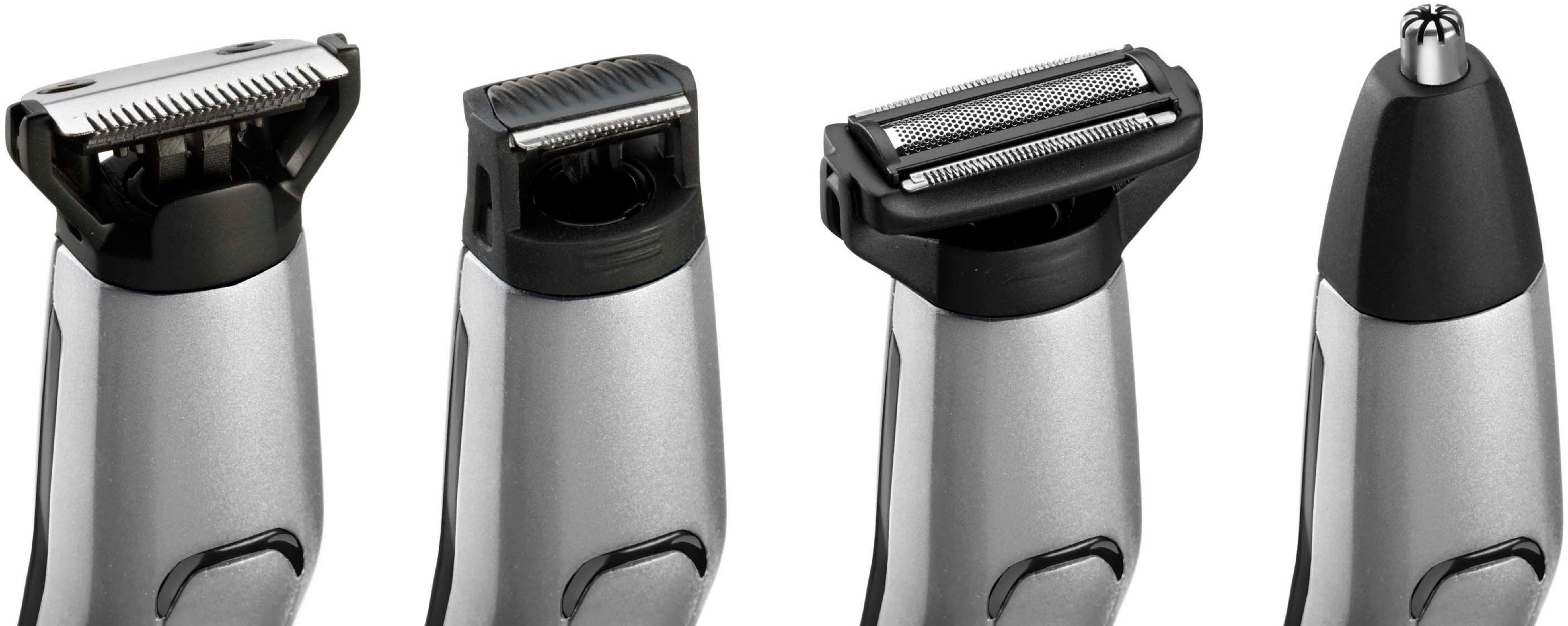 Quattro accessori per un rifinitore argento: lame, spazzole e rifinitore nasale.