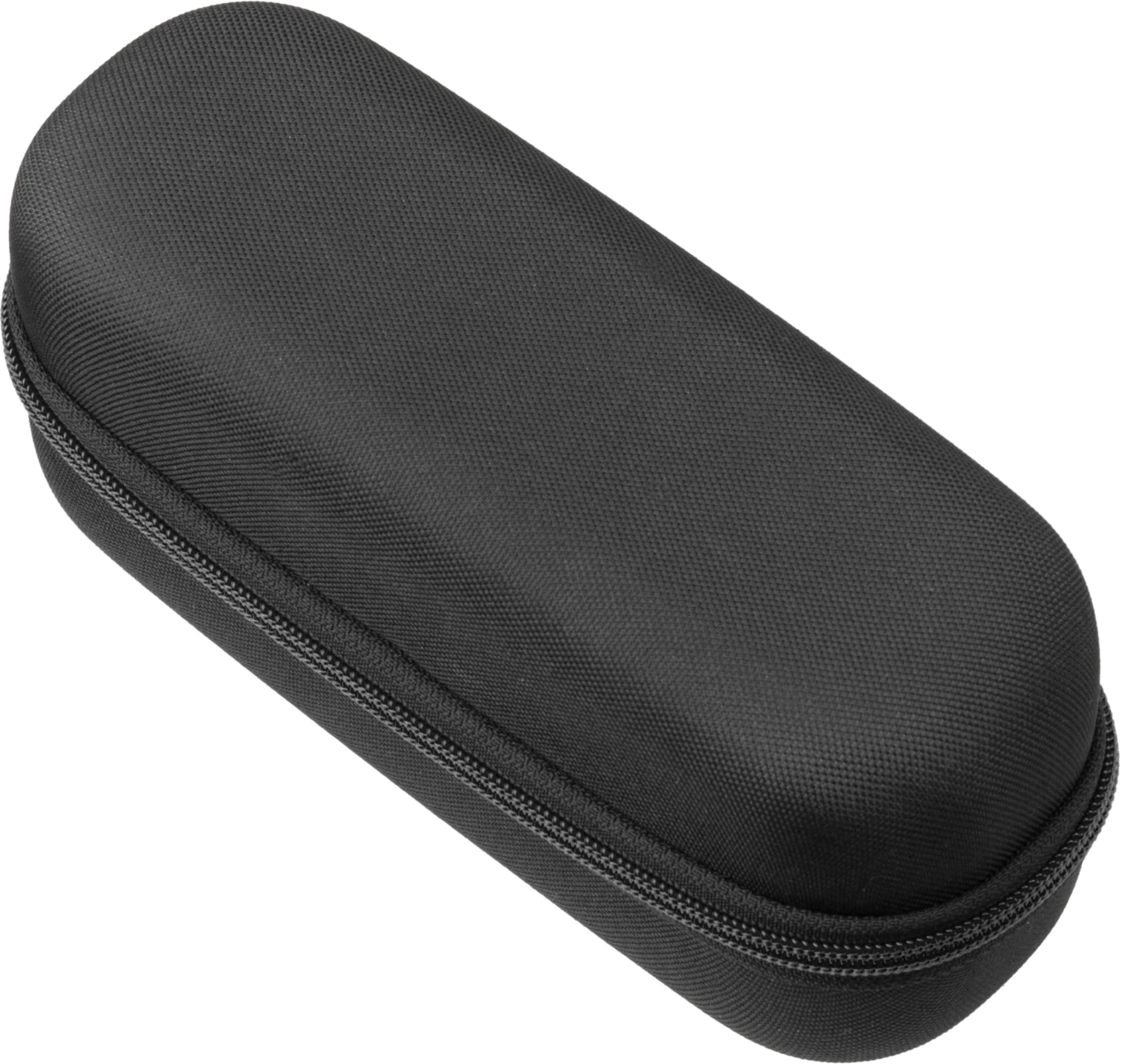 Funda ovalada negra de tela con cremallera.