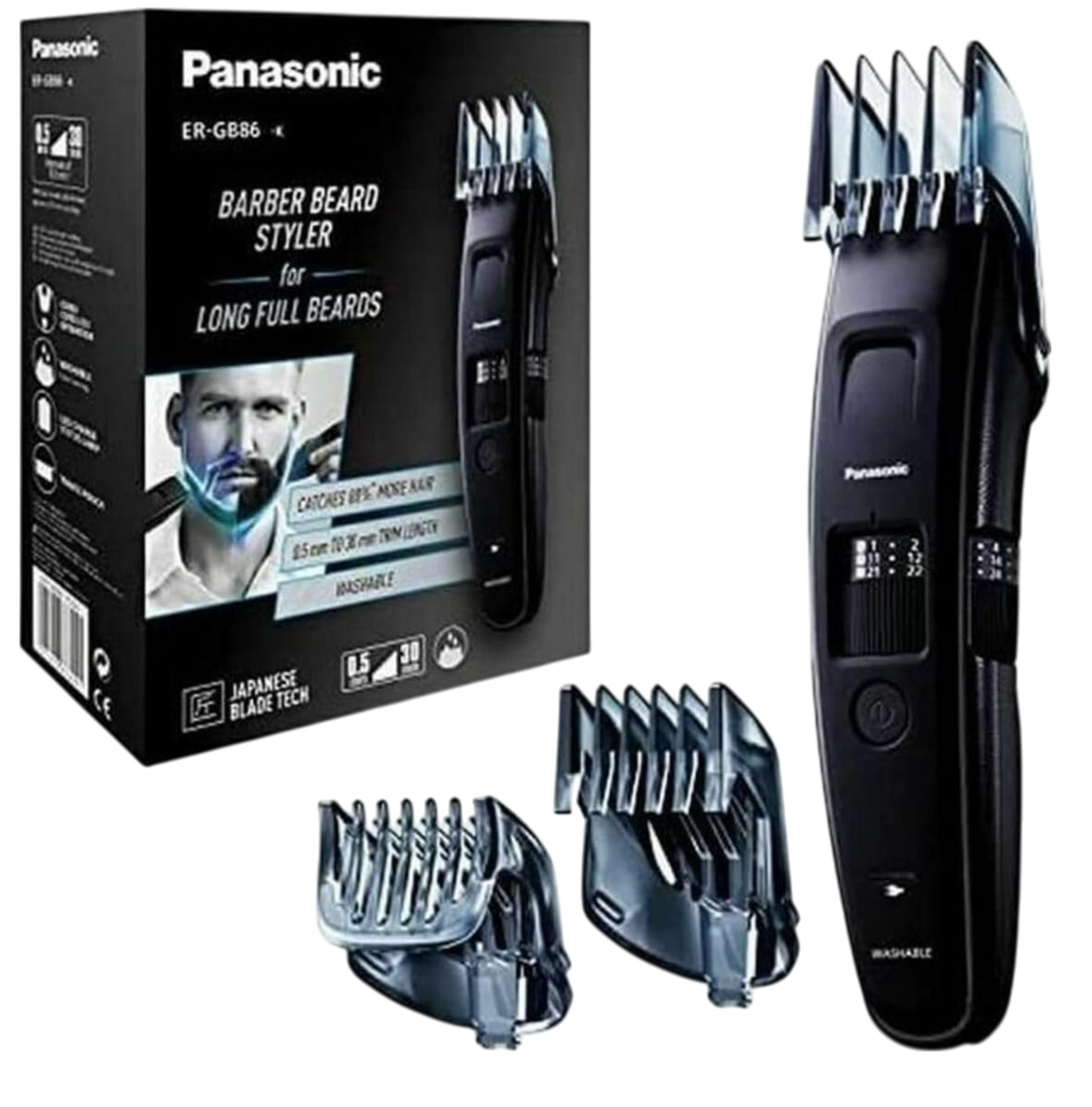 Un kit styler per barba Panasonic con accessori e confezione. Nero.