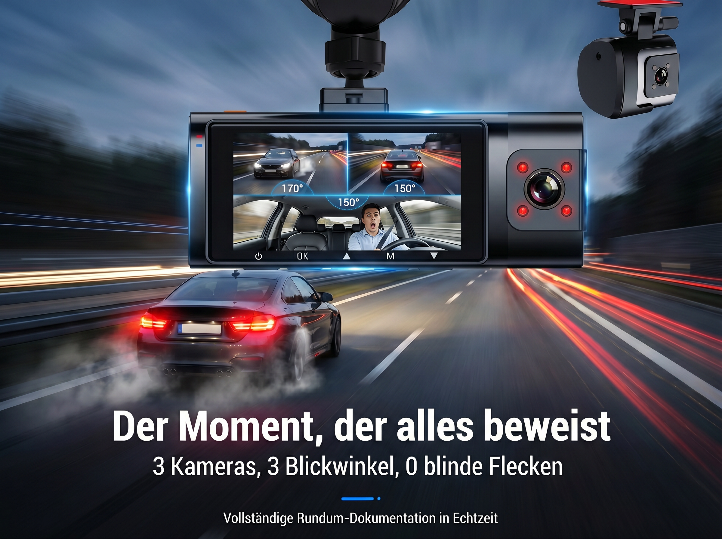 Eine Dashcam zeigt drei Ansichten: Straße, Innenraum und Rückansicht.