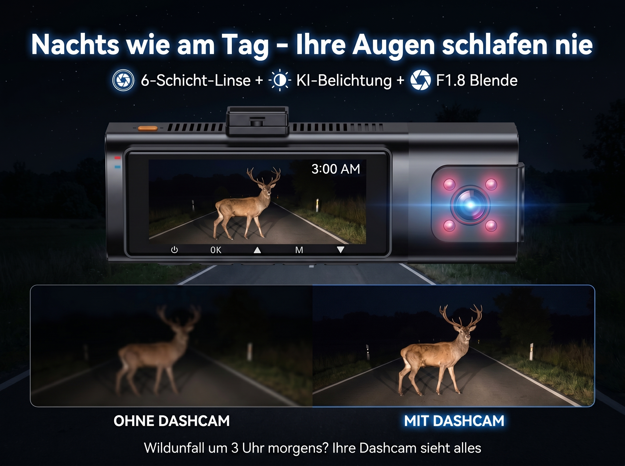 Ein Hirsch steht auf einer dunklen Straße bei Nacht. Die Dashcam zeigt klare Sicht.