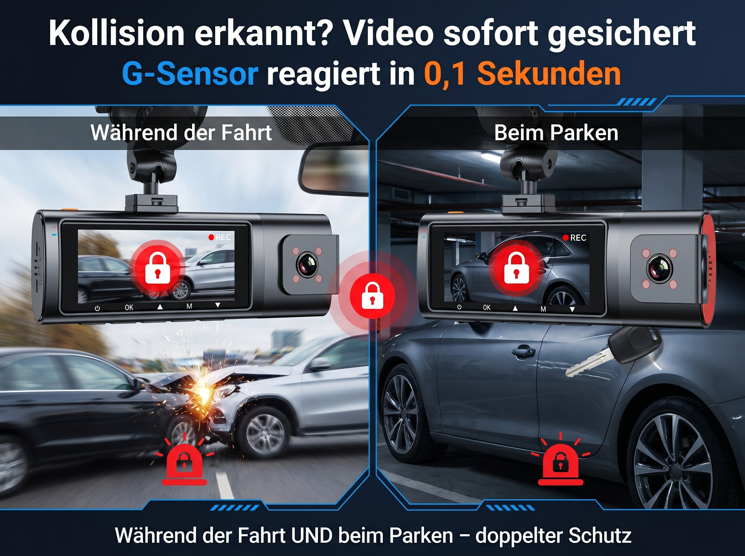 Dashcam zeigt Autounfall und Parkschutz mit Schloss-Symbol.