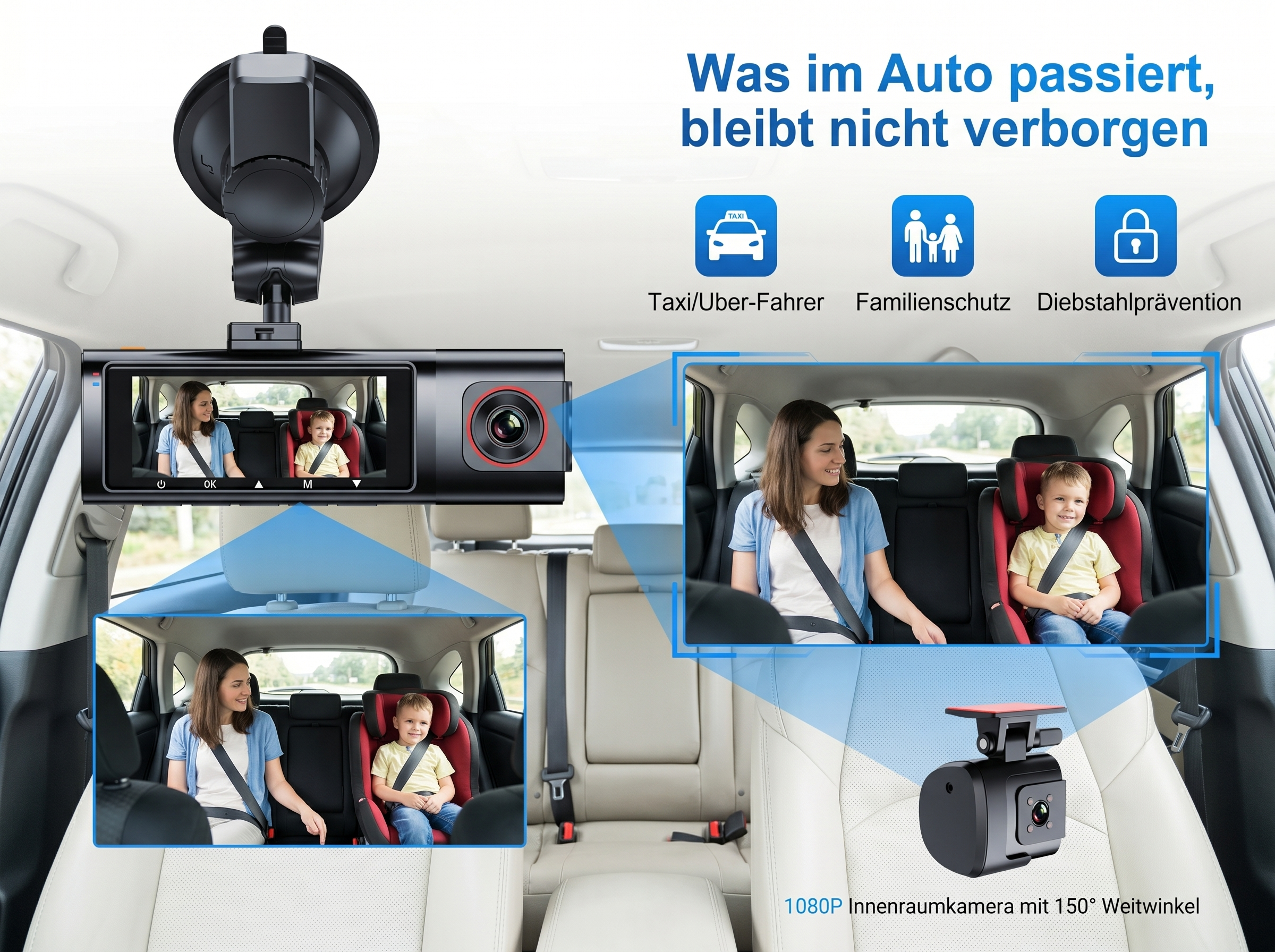 Ein Auto-Innenraum mit Dashcam, die eine Frau und ein Kind zeigt.
