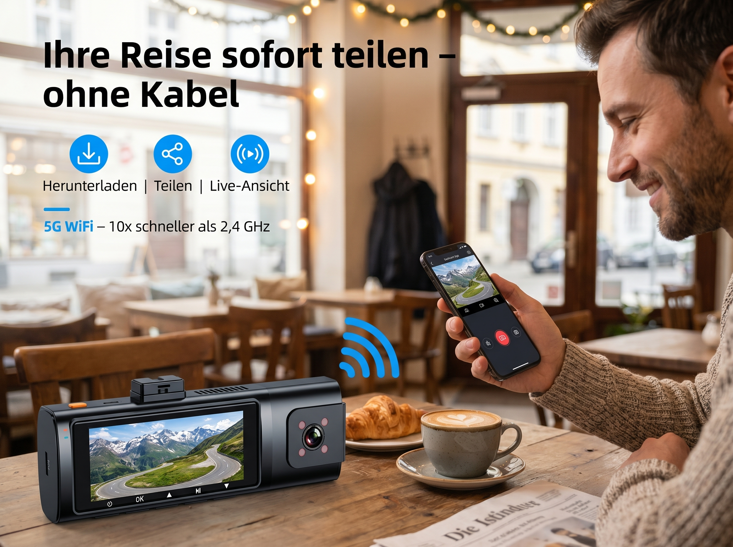 Ein Mann hält ein Smartphone mit Dashcam-App. Eine Dashcam liegt auf einem Tisch.