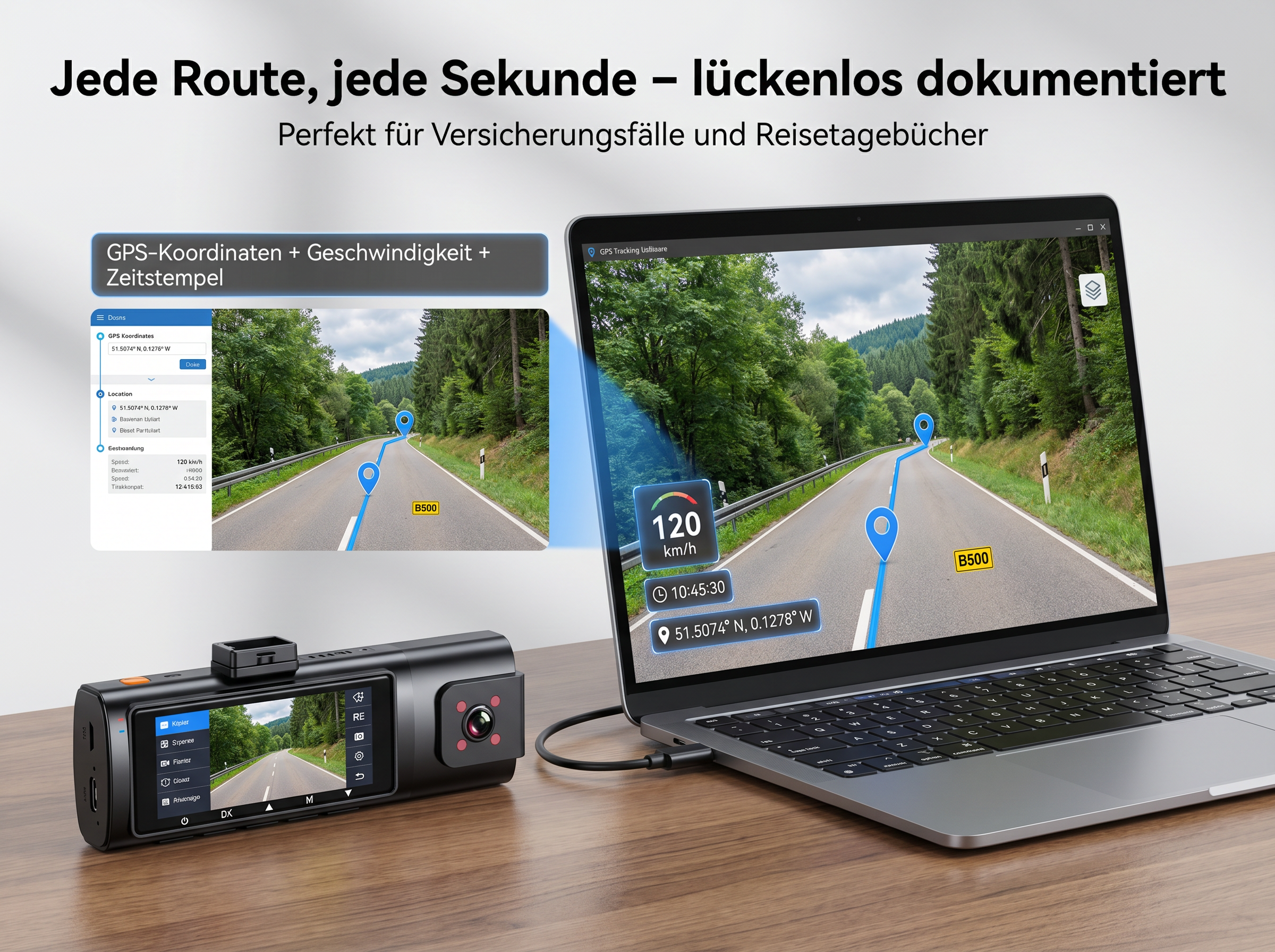 Dashcam und Laptop zeigen eine Straße mit GPS-Daten, Geschwindigkeit und Zeit.