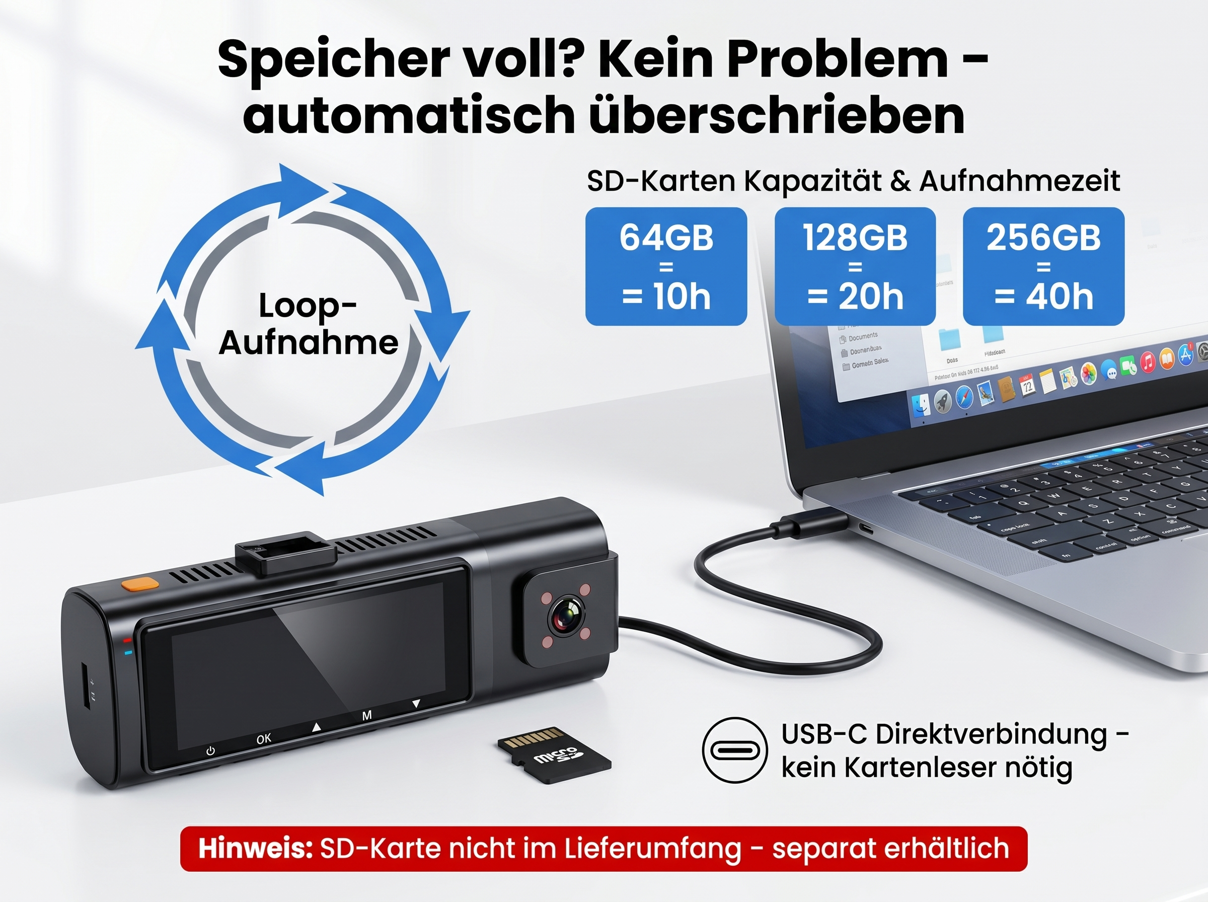 Dashcam mit Loop-Aufnahme, SD-Kartenkapazitäten und USB-C-Anschluss.