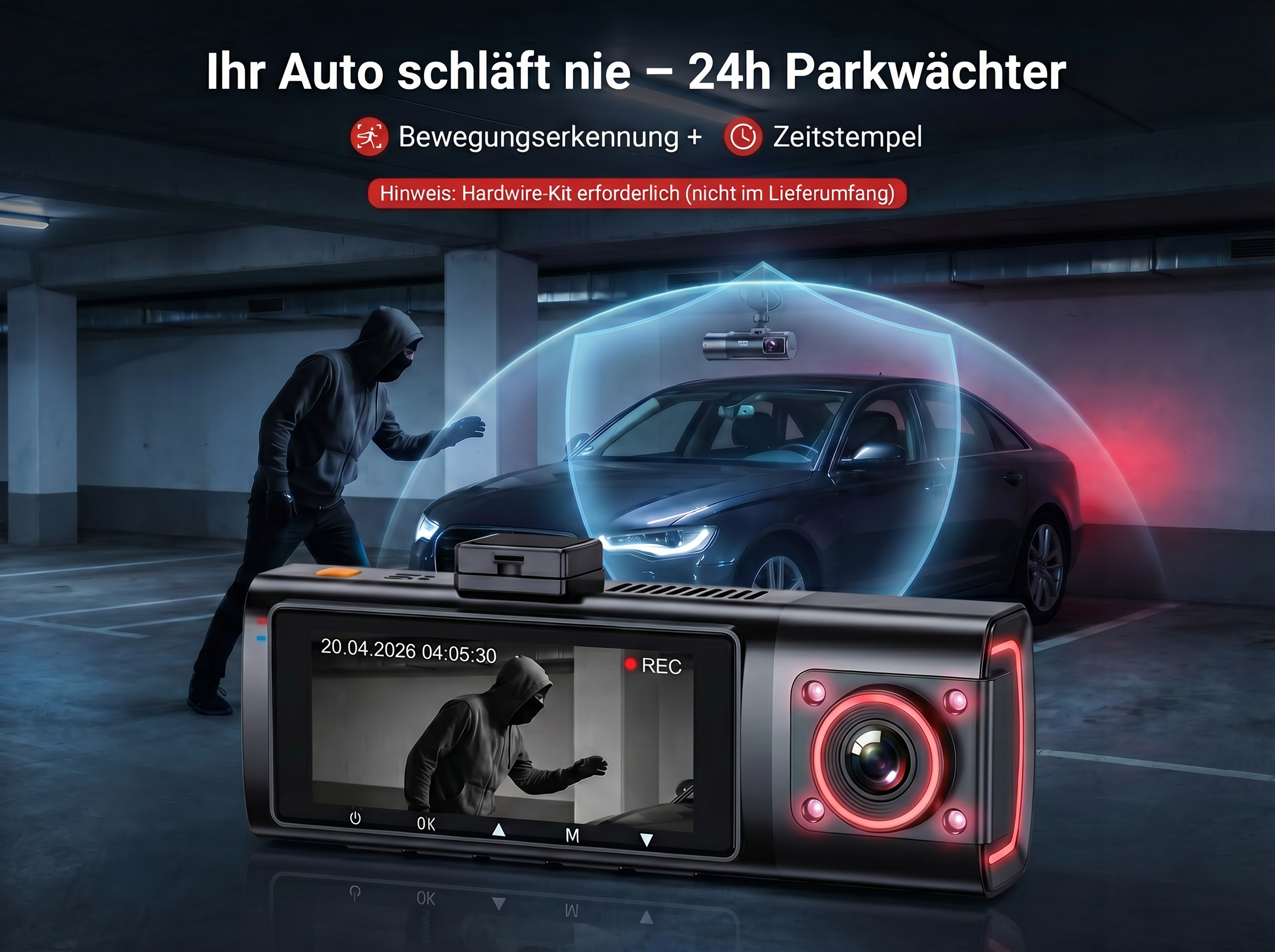 Ein Dieb nähert sich einem Auto im Parkhaus. Eine Dashcam zeichnet auf.